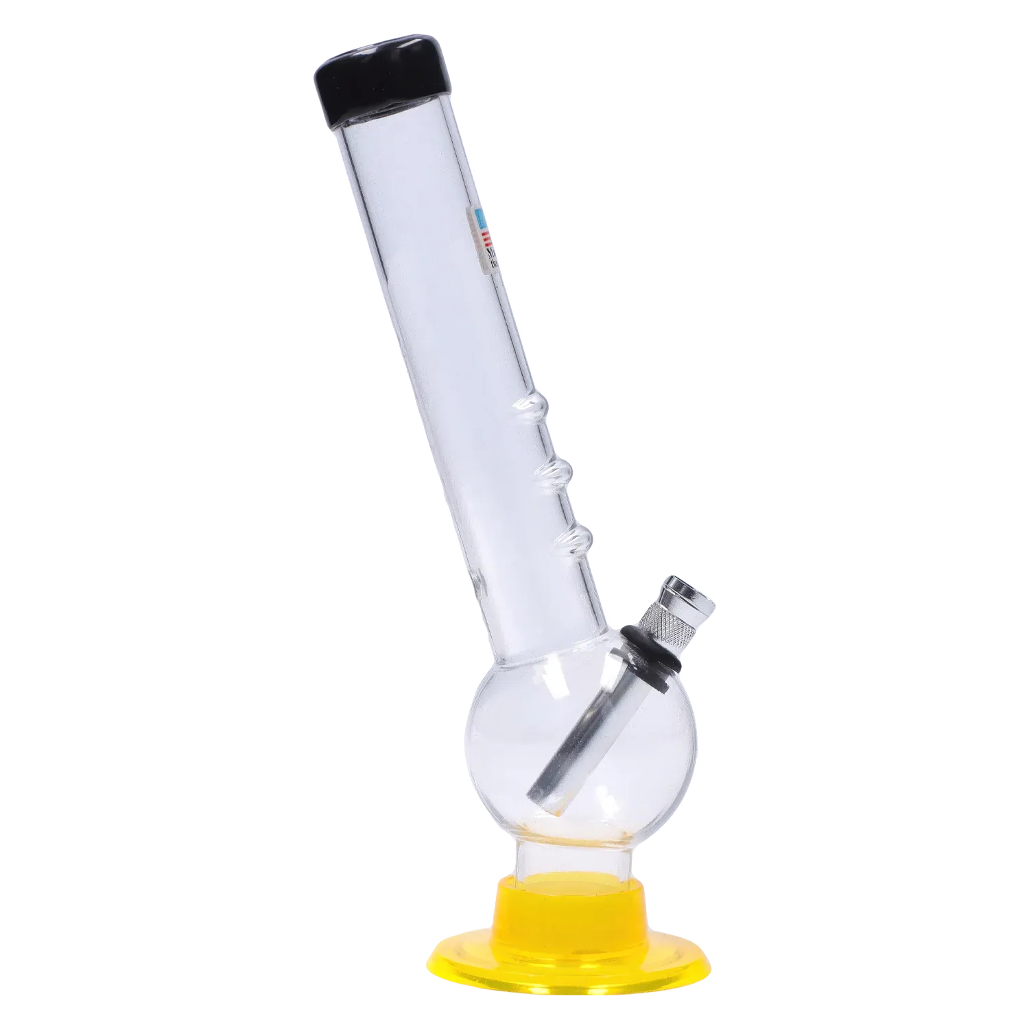 Angled close-up of the JM Plastics Bent Neck with Grip and Carb Hole Acrylic Bong - 8 in., showing its clear bent tube, three raised grips, metal downstem, and yellow base.
