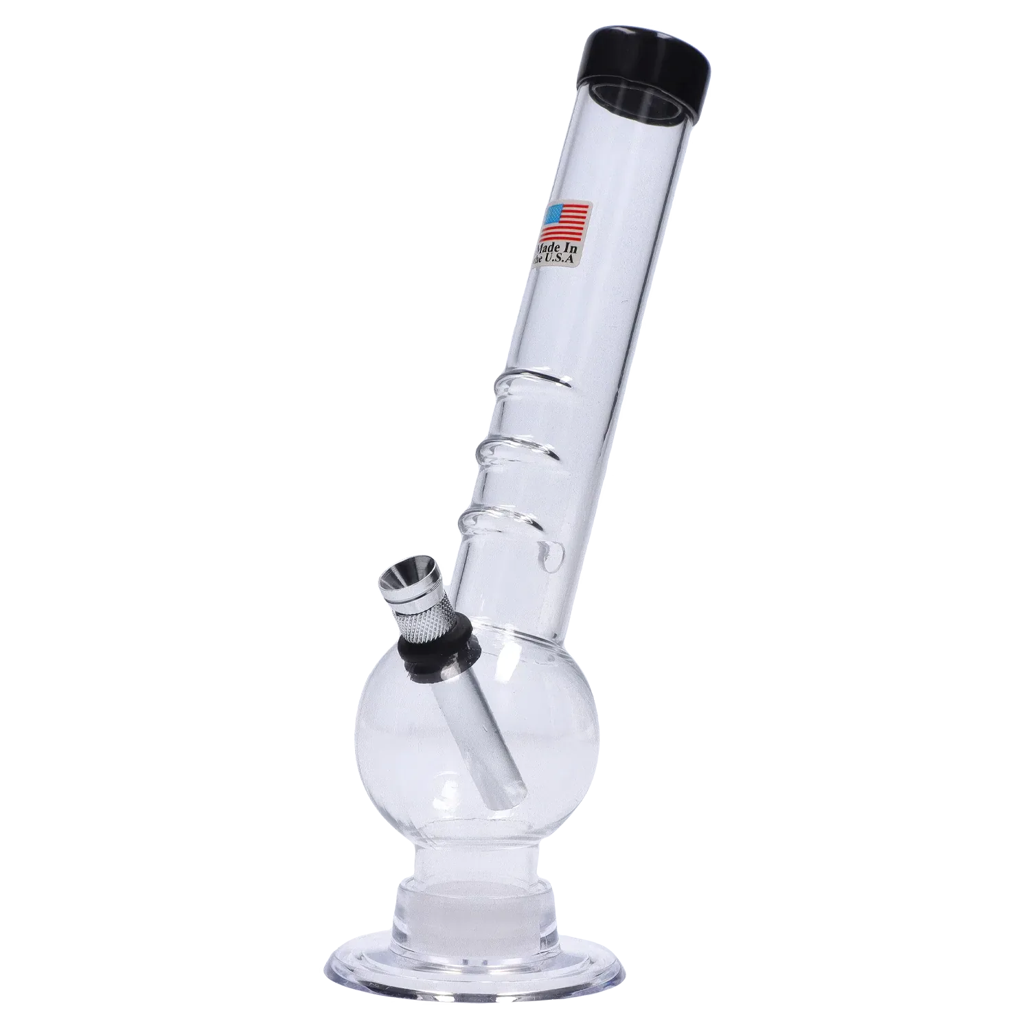 Angled close-up of the clear JM Plastics Bent Neck with Grip and Carb Hole Acrylic Bong - 8 in., showing its bent neck, grip rings, metal downstem and bowl against a white background
