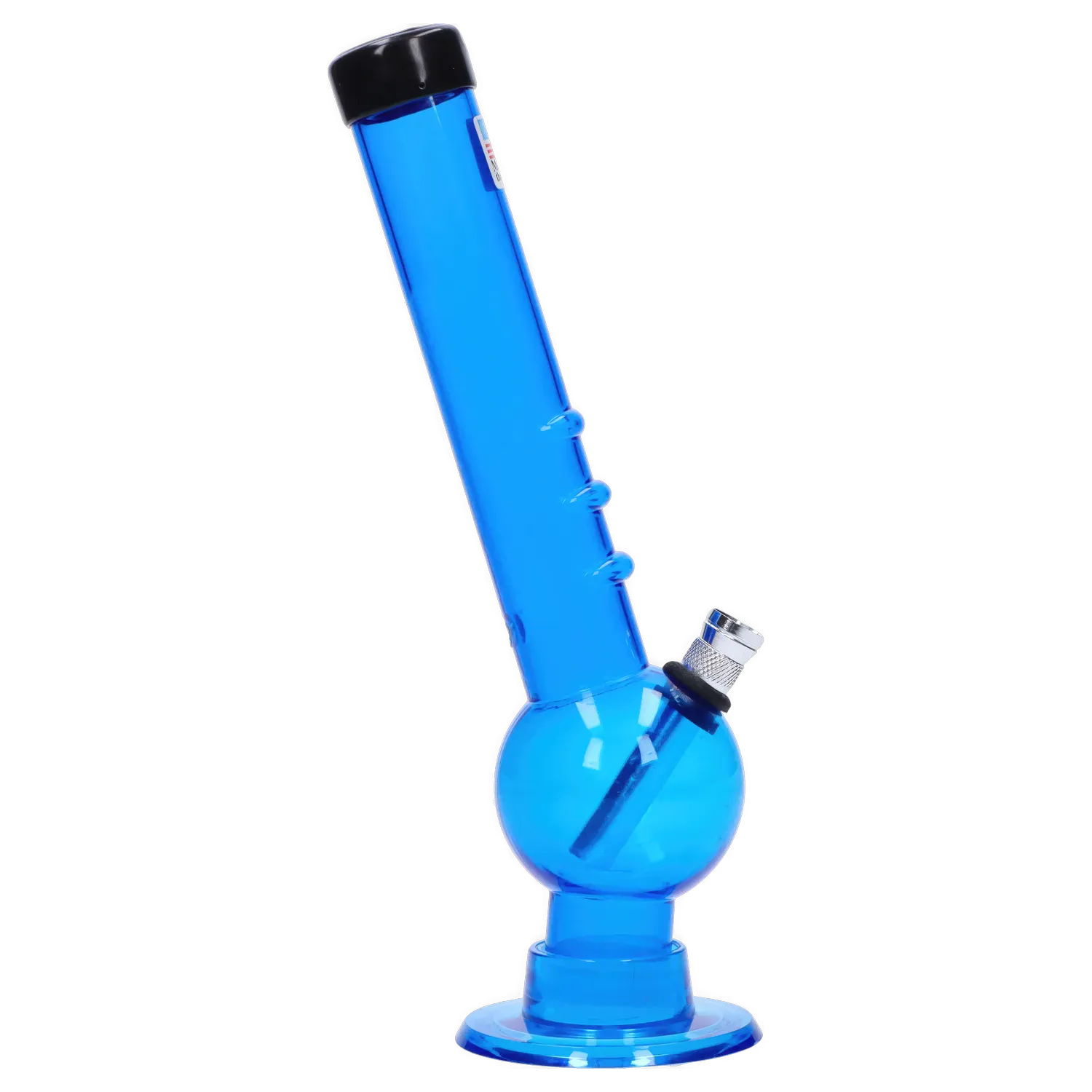 Angled studio shot of the blue JM Plastics Bent Neck with Grip and Carb Hole Acrylic Bong - 8 in., showing its bent tube, three grip bumps, round base and metal bowl.