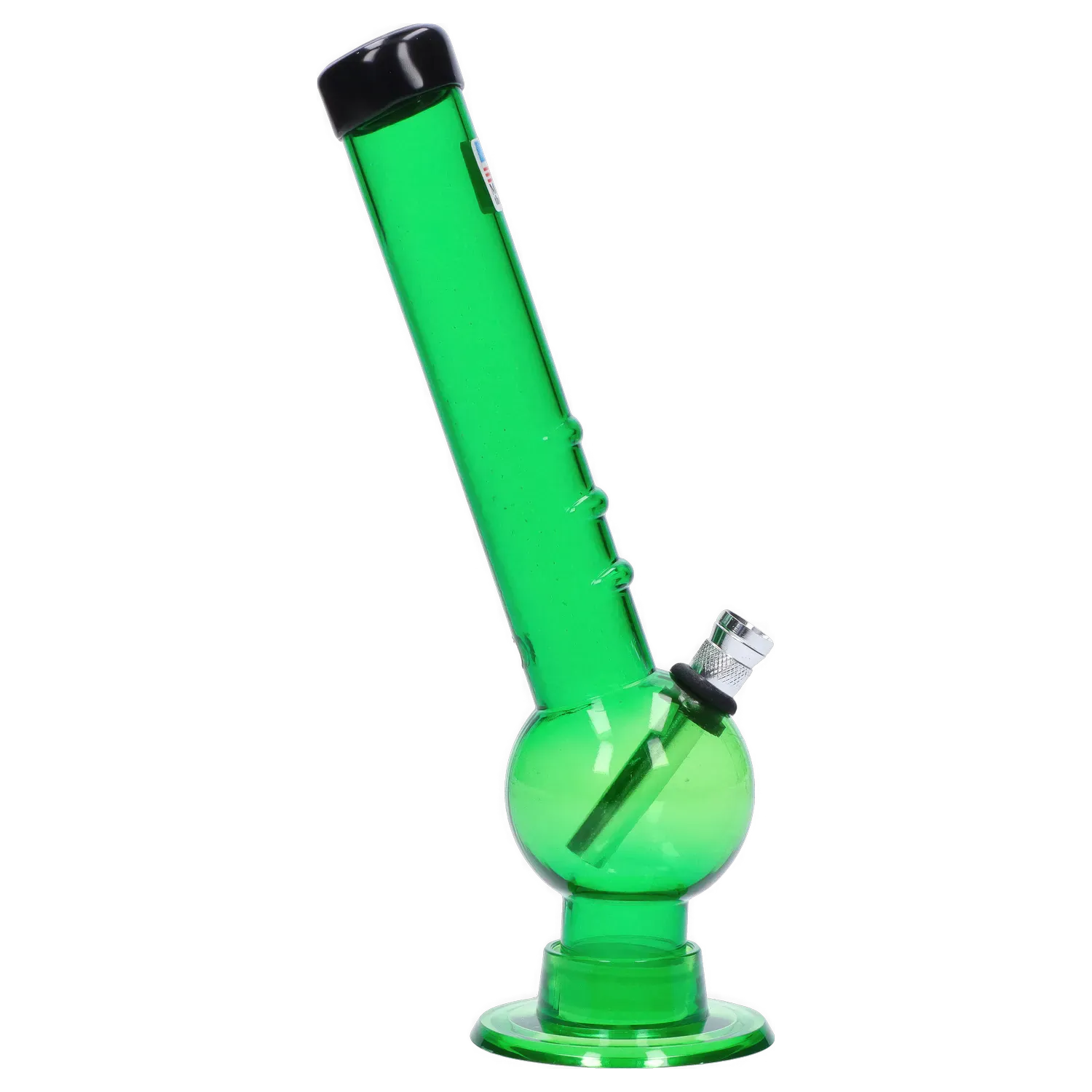 Angled close-up of a green JM Plastics Bent Neck with Grip and Carb Hole Acrylic Bong - 8 in., showing its tilted neck, three grip bumps, round base and metal bowl.