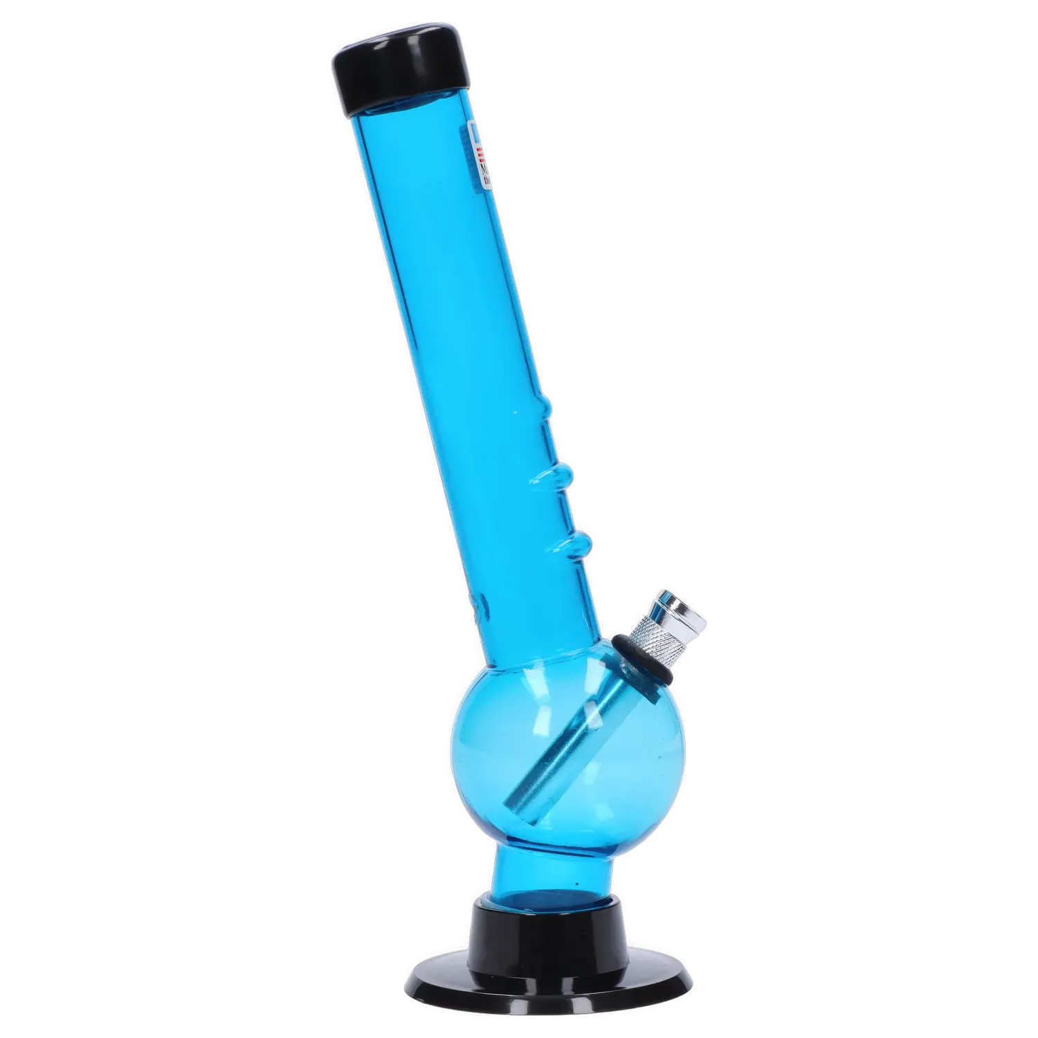 Angled studio shot of the blue JM Plastics Bent Neck with Grip and Carb Hole Acrylic Bong - 8 in., showing its bent tube, bulbous base, metal downstem and black mouthpiece.