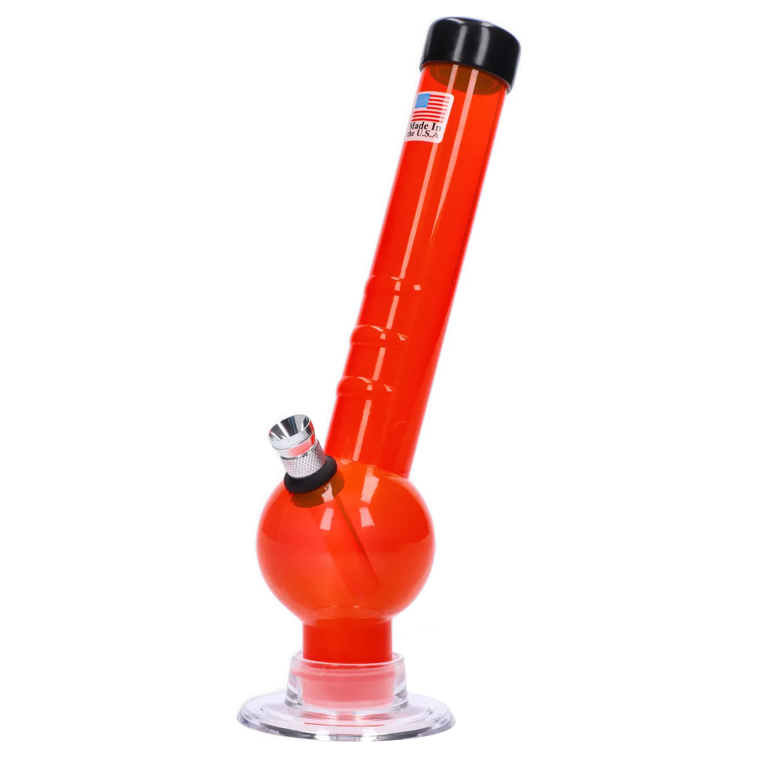 Angled studio shot of the bright red JM Plastics Bent Neck with Grip and Carb Hole Acrylic Bong - 8 in., showing its round base, bent neck, metal bowl and clear suction cup foot.