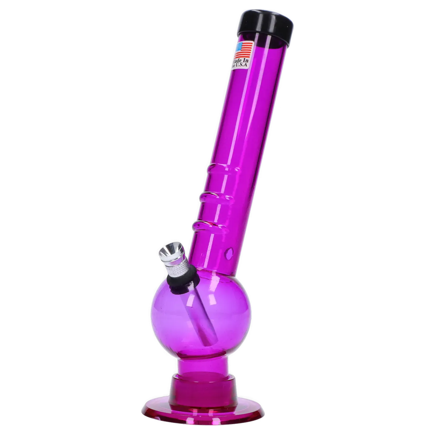 Angled front view of the purple JM Plastics Bent Neck with Grip and Carb Hole Acrylic Bong - 8 in., showing its round beaker base, bent neck with three grip rings, metal bowl and black grommet against a white background