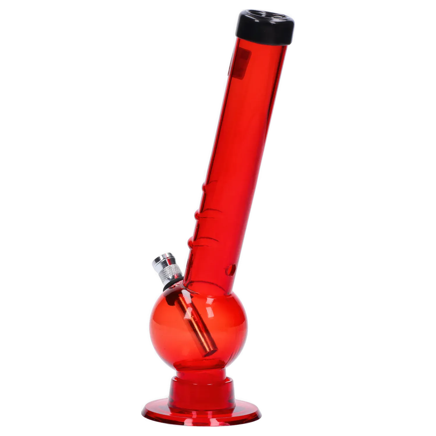 Angled close-up of the red JM Plastics Bent Neck with Grip and Carb Hole Acrylic Bong - 8 in., showing its bent neck, bulb base and metal bowl.