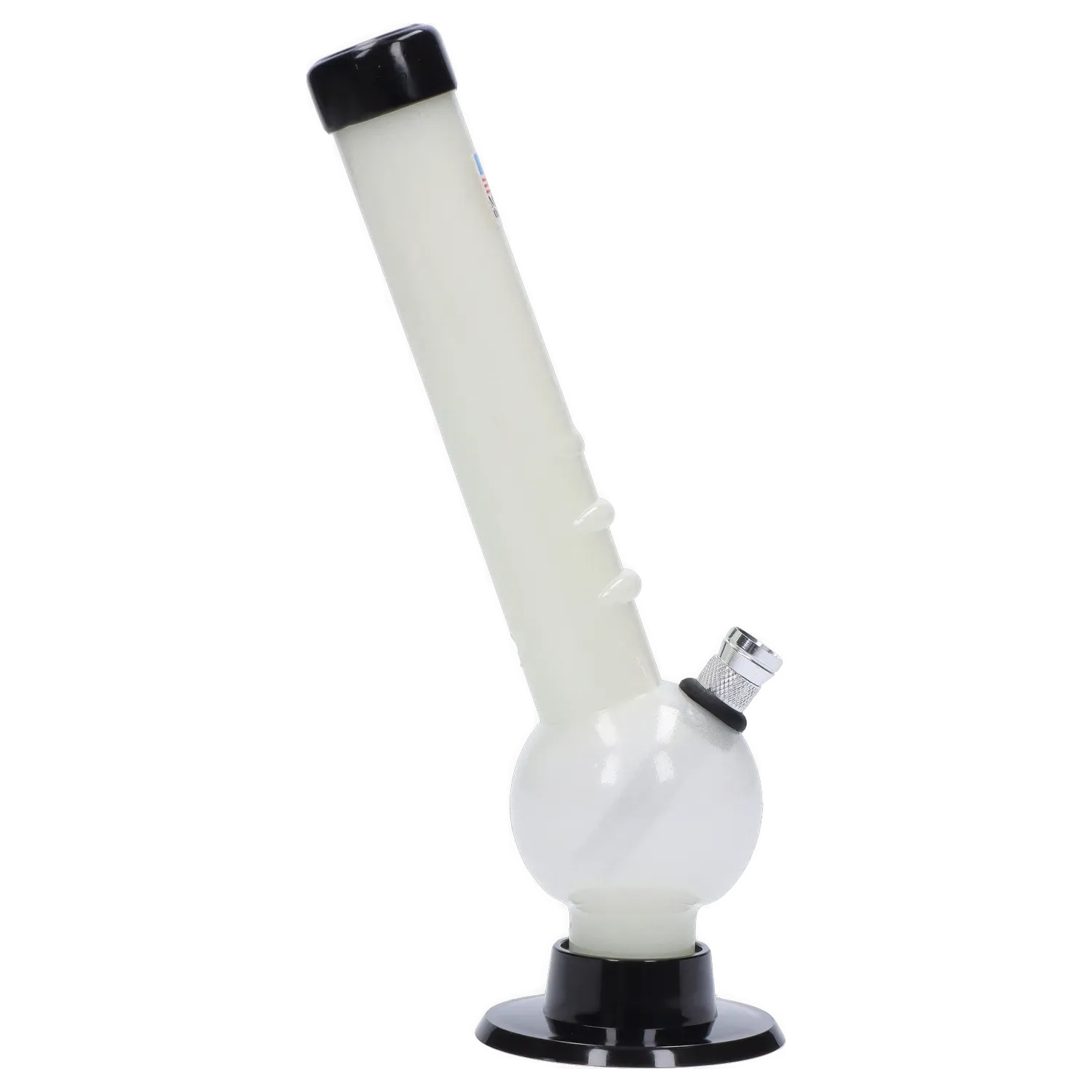 Angled close-up of the JM Plastics Bent Neck with Grip and Carb Hole Acrylic Bong - 8 in., showing its white bent tube, grip knobs, round base and black mouthpiece on a white background