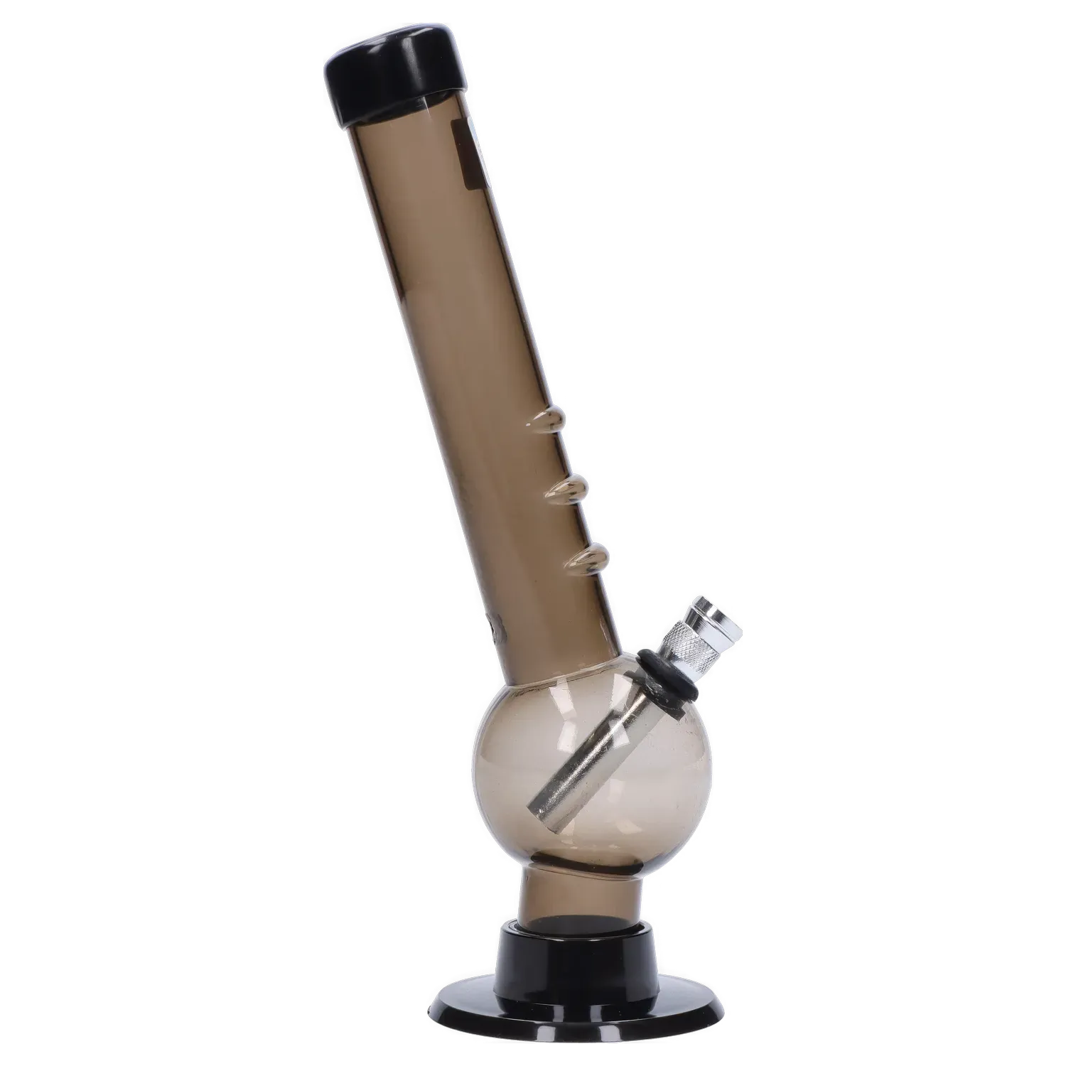 Angled studio shot of the JM Plastics Bent Neck with Grip and Carb Hole Acrylic Bong - 8 in., smoky brown acrylic with three grip bumps and a black base.