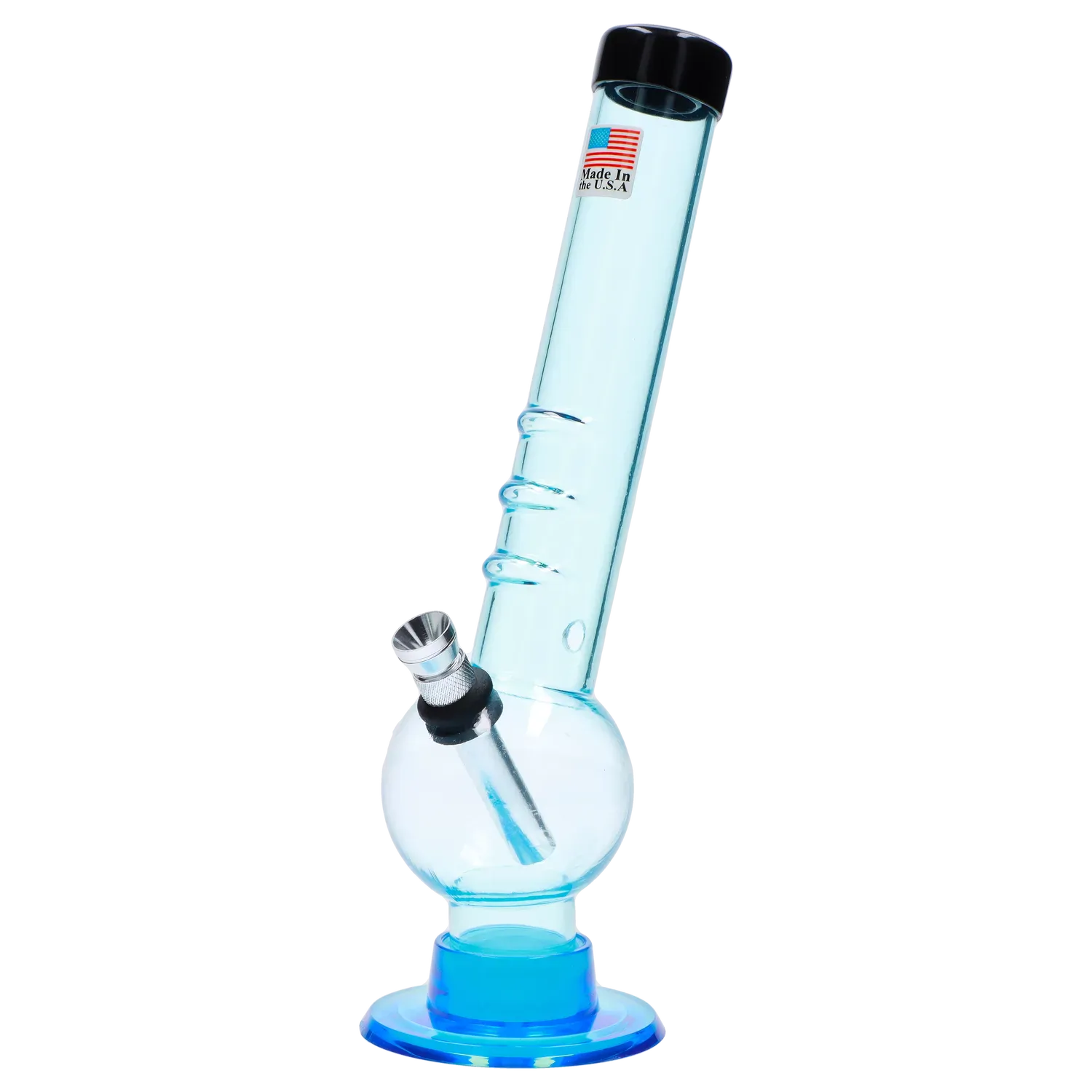 Angled close-up of the JM Plastics Bent Neck with Grip and Carb Hole Acrylic Bong - 8 in., shown in light blue against a white background.