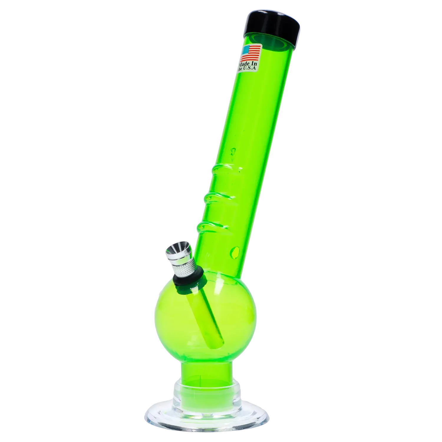 Angled close-up of a translucent lime green JM Plastics Bent Neck with Grip and Carb Hole Acrylic Bong - 8 in., on white.