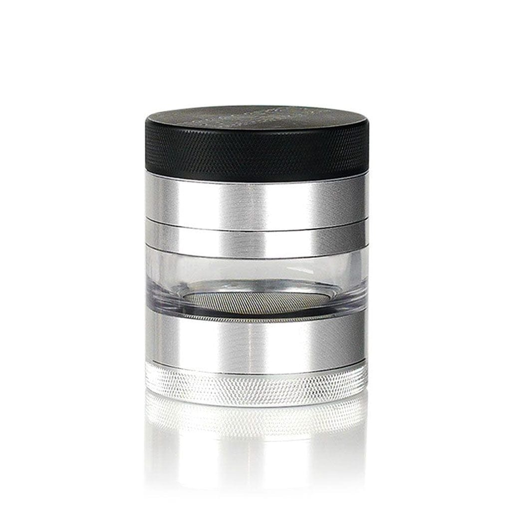 Centered, front view of the Ryot 4Pc Jar Body Grinders showing stacked silver metal and clear plastic chambers with a textured black lid.