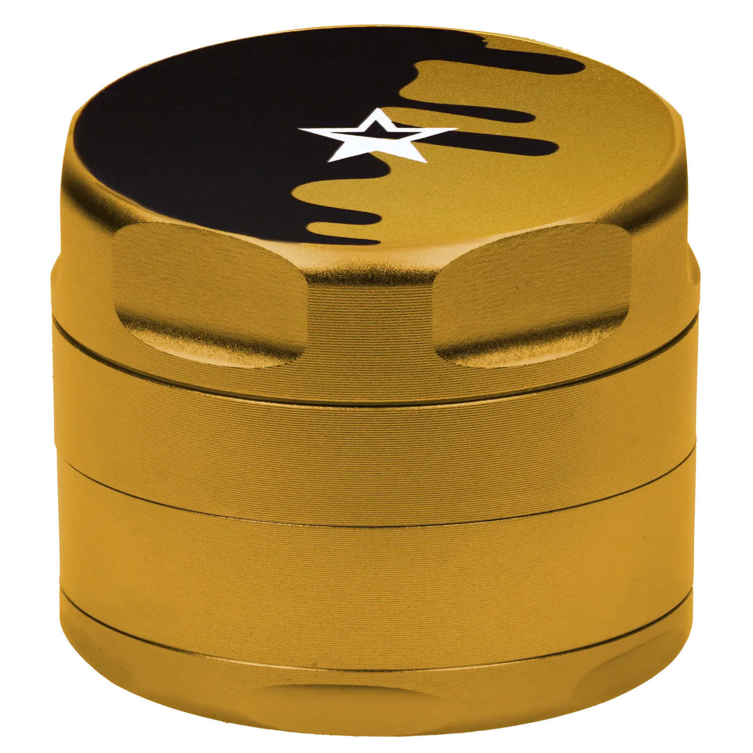 Close-up angled view of the gold Famous X Surrender Aluminum 3 Stage Grinder-Gold showing its textured stacked chambers and black star-topped lid.