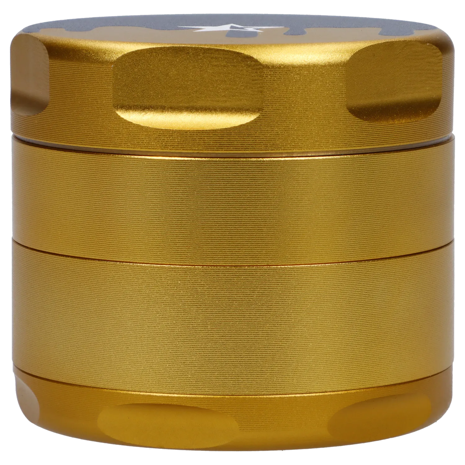 Close-up front view of the gold Famous X Surrender Aluminum 3 Stage Grinder-Gold showing its textured cylindrical tiers and recessed grip notches.