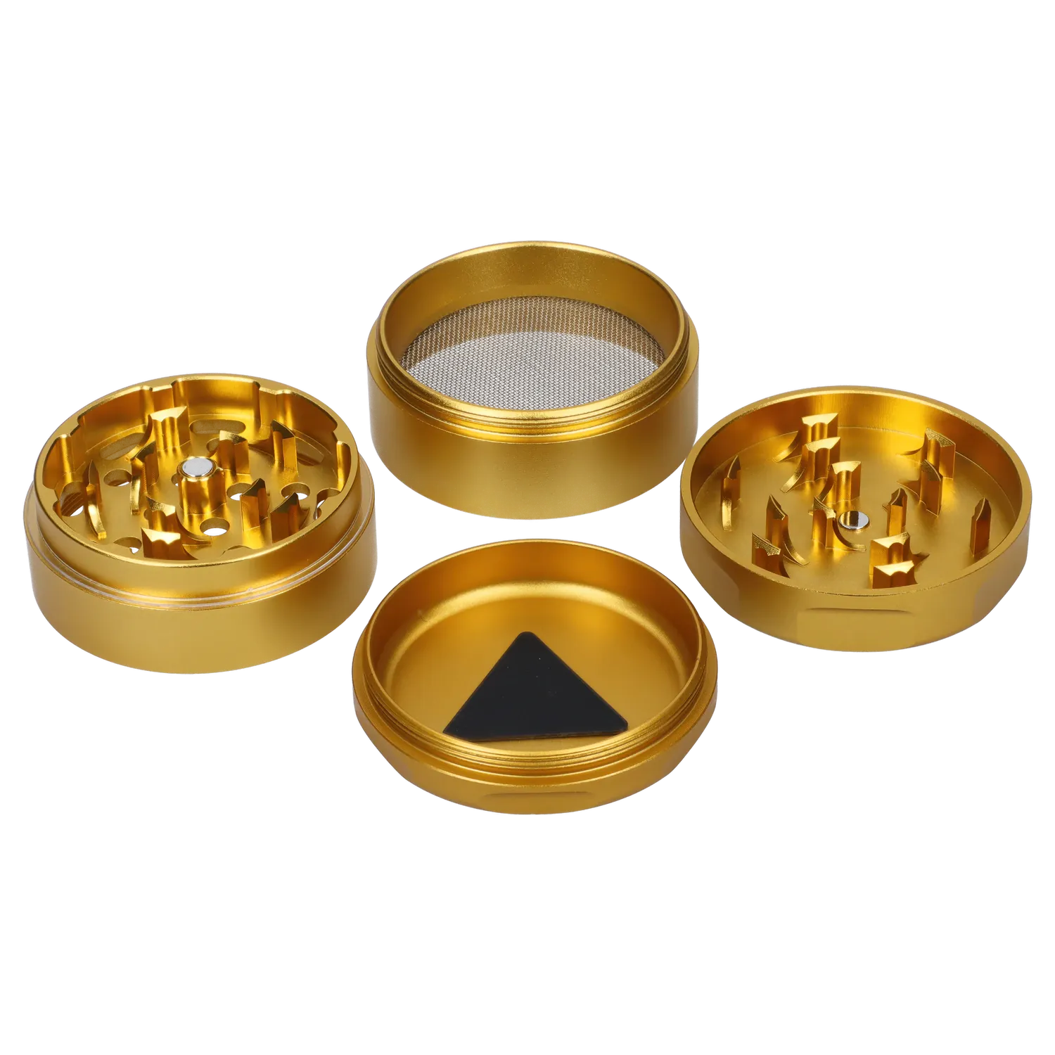 Top-down view of the disassembled Famous X Surrender Aluminum 3 Stage Grinder-Gold showing four gold anodized pieces with sharp teeth and a mesh screen.