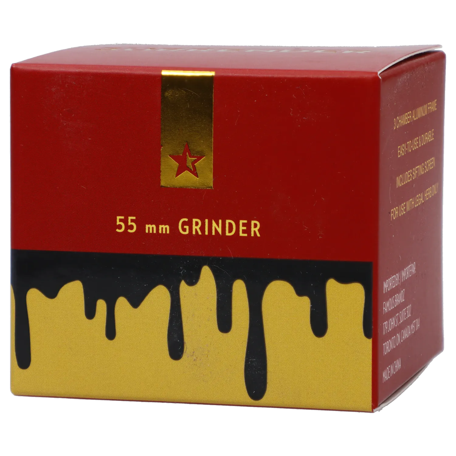 Angled close-up of the red and gold Famous X Surrender Aluminum 3 Stage Grinder-Gold box showing a 55 mm label and black drip graphic on a yellow lower panel