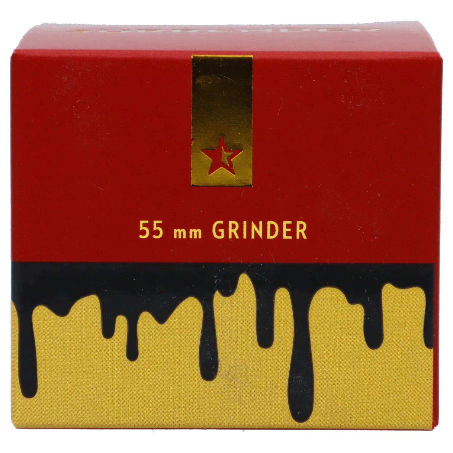 Close-up front view of the red and gold box for Famous X Surrender Aluminum 3 Stage Grinder-Gold, showing a gold star emblem and "55 mm GRINDER" text above black drip graphics on a yellow base