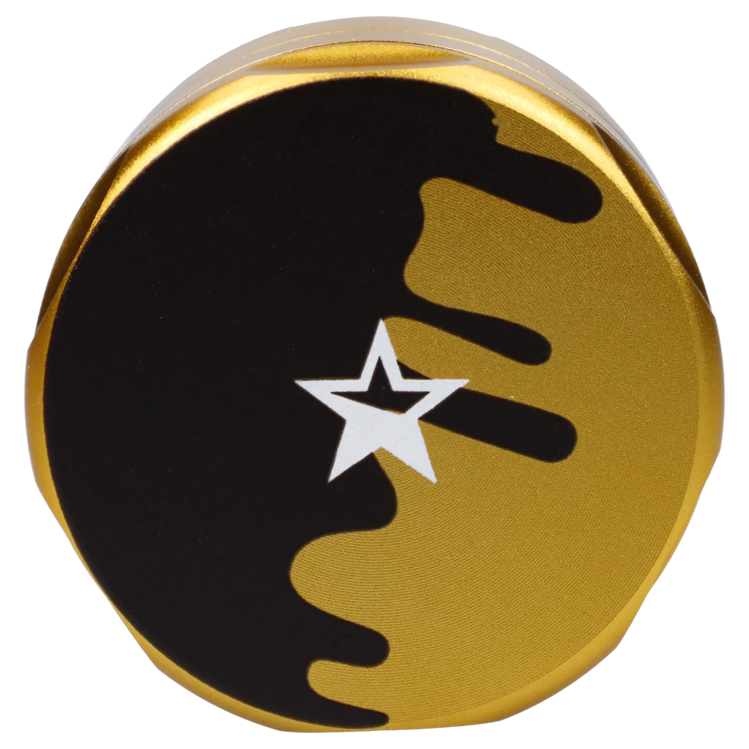Top-down close-up of the gold and black lid featuring a white star on the Famous X Surrender Aluminum 3 Stage Grinder-Gold