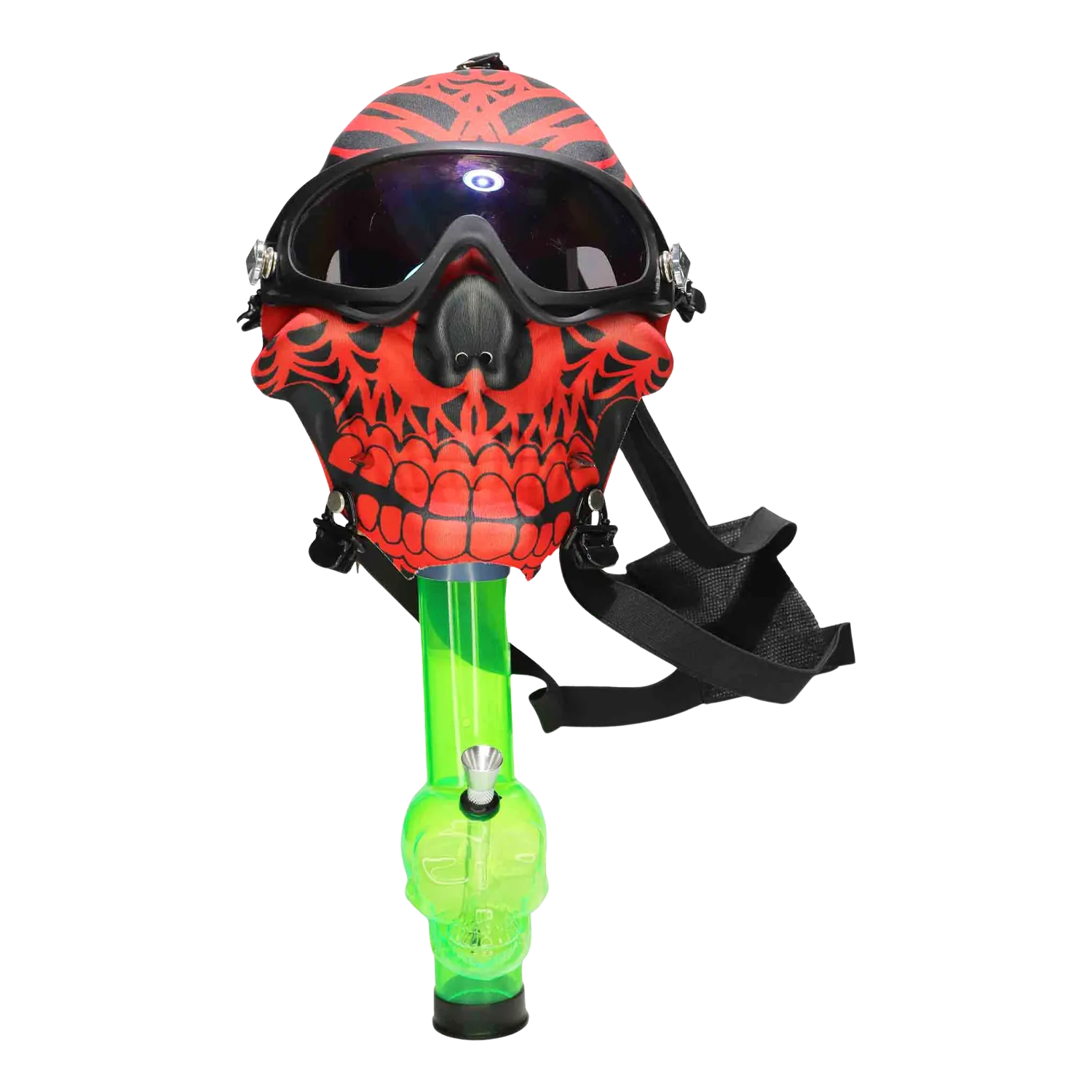 Front-facing shot of the DHC Smiling Red & Black Skull Gas Mask with reflective goggles and red skull pattern, mounted above a translucent green skull bong.
