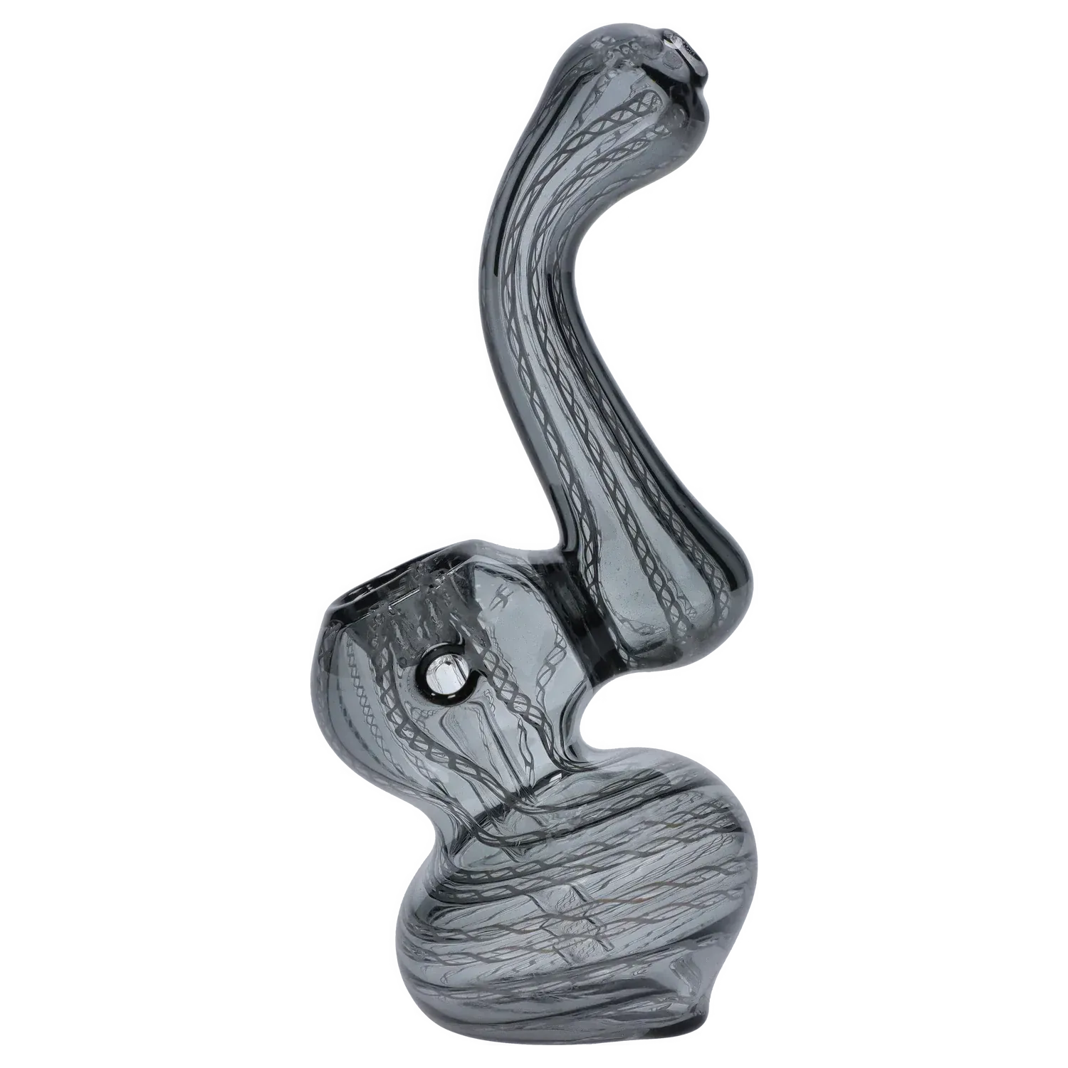 Angled close-up of a smoky glass Mini Bubbler with Colored Tube showing its curved neck, rounded bowl and internal twisted-line pattern.
