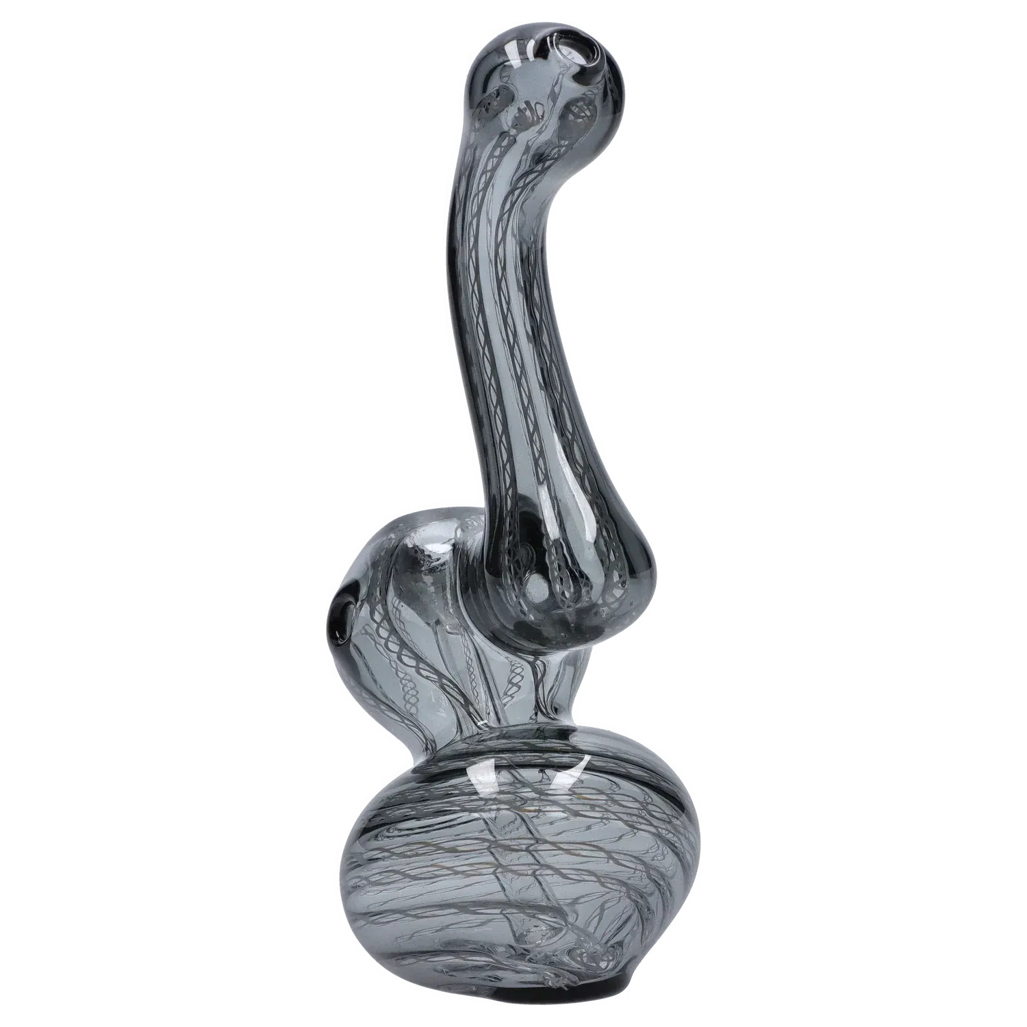 Angled close-up of the Mini Bubbler with Colored Tube showing its curved neck and bulbous base with dark swirling internal lines