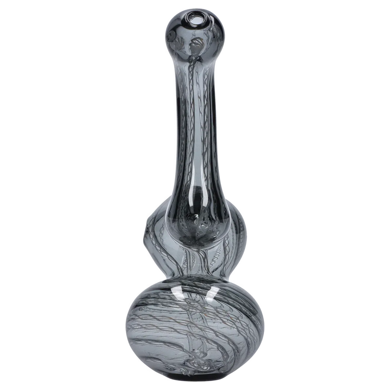 Close-up front view of the Mini Bubbler with Colored Tube showing a gray glass body with swirling internal thread patterns and a rounded base.