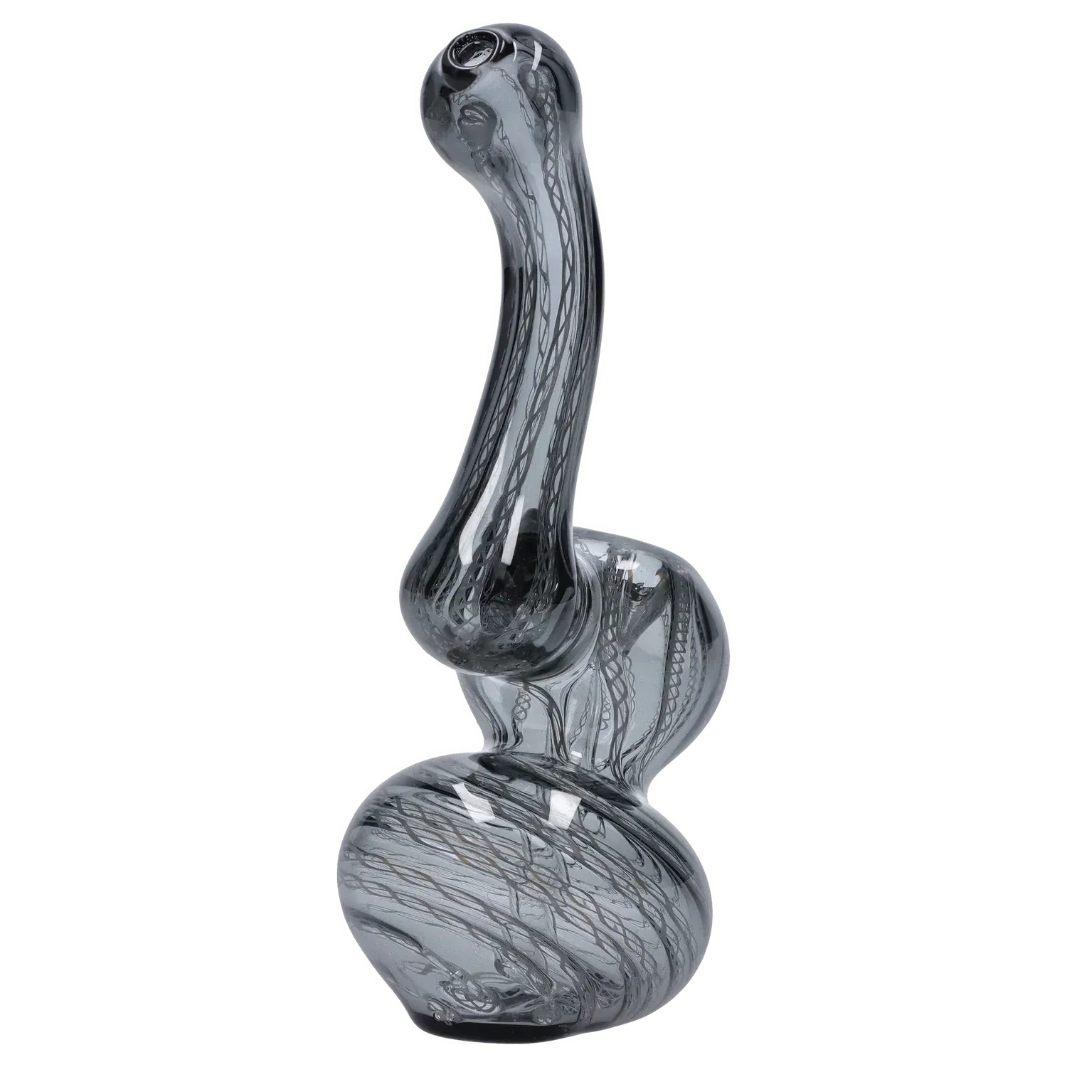 Angled close-up of the Mini Bubbler with Colored Tube showing its twisted black-and-gray glass patterns and bulbous stacked chambers.