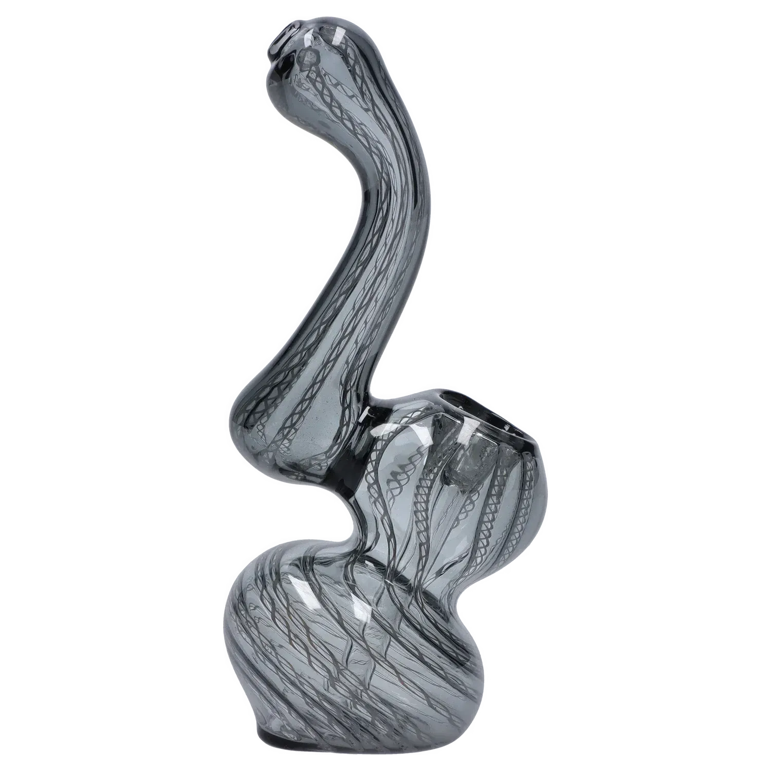 Angled side view of a smoky glass Mini Bubbler with Colored Tube showing twisted internal cane patterns along its curving neck and bulbous base.