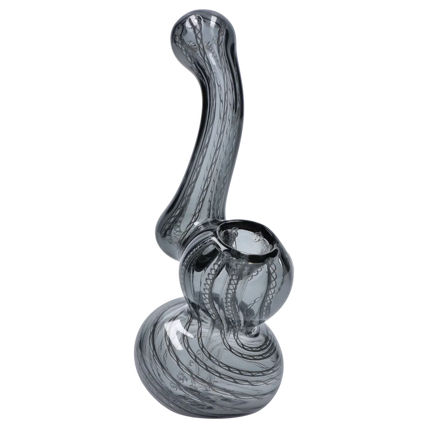 Angled close-up of a smoky glass Mini Bubbler with Colored Tube showing its curved neck and spiral internal tube pattern.
