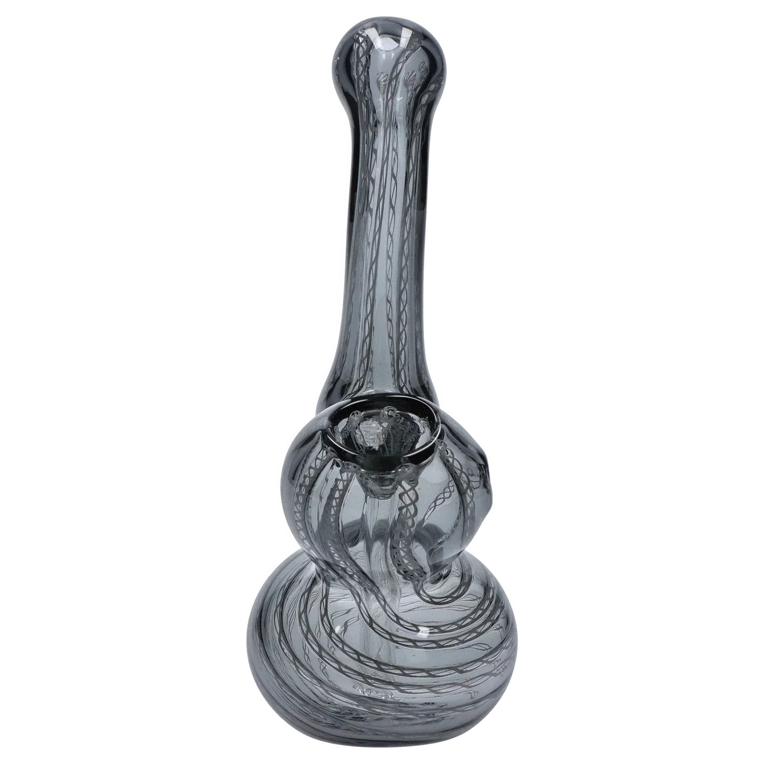 Top-down view of a gray glass Mini Bubbler with Colored Tube showing its bulbous base and swirling internal cane patterns.