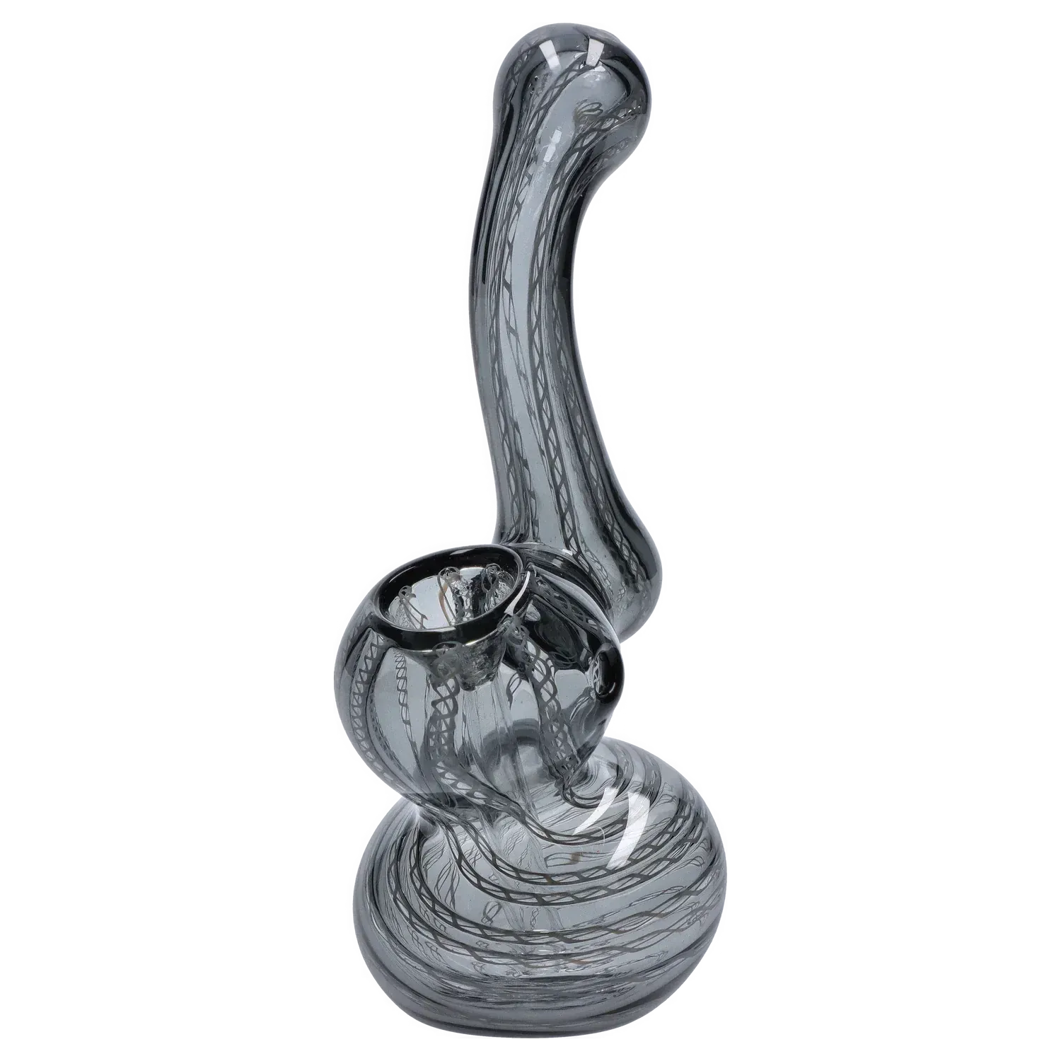 Angled close-up of the Mini Bubbler with Colored Tube showing its curved neck and bulbous base with dark swirled tubing visible through clear glass.