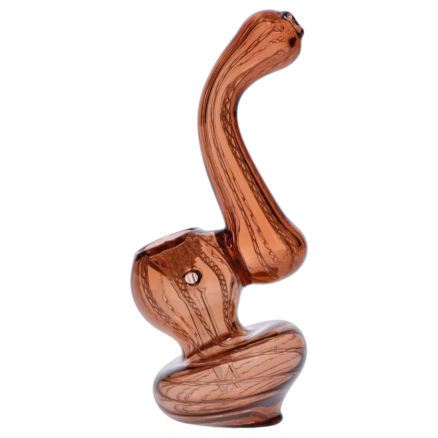 Angled close-up of a translucent amber Mini Bubbler with Colored Tube showing its curved neck, bulbous chamber, and base reflections