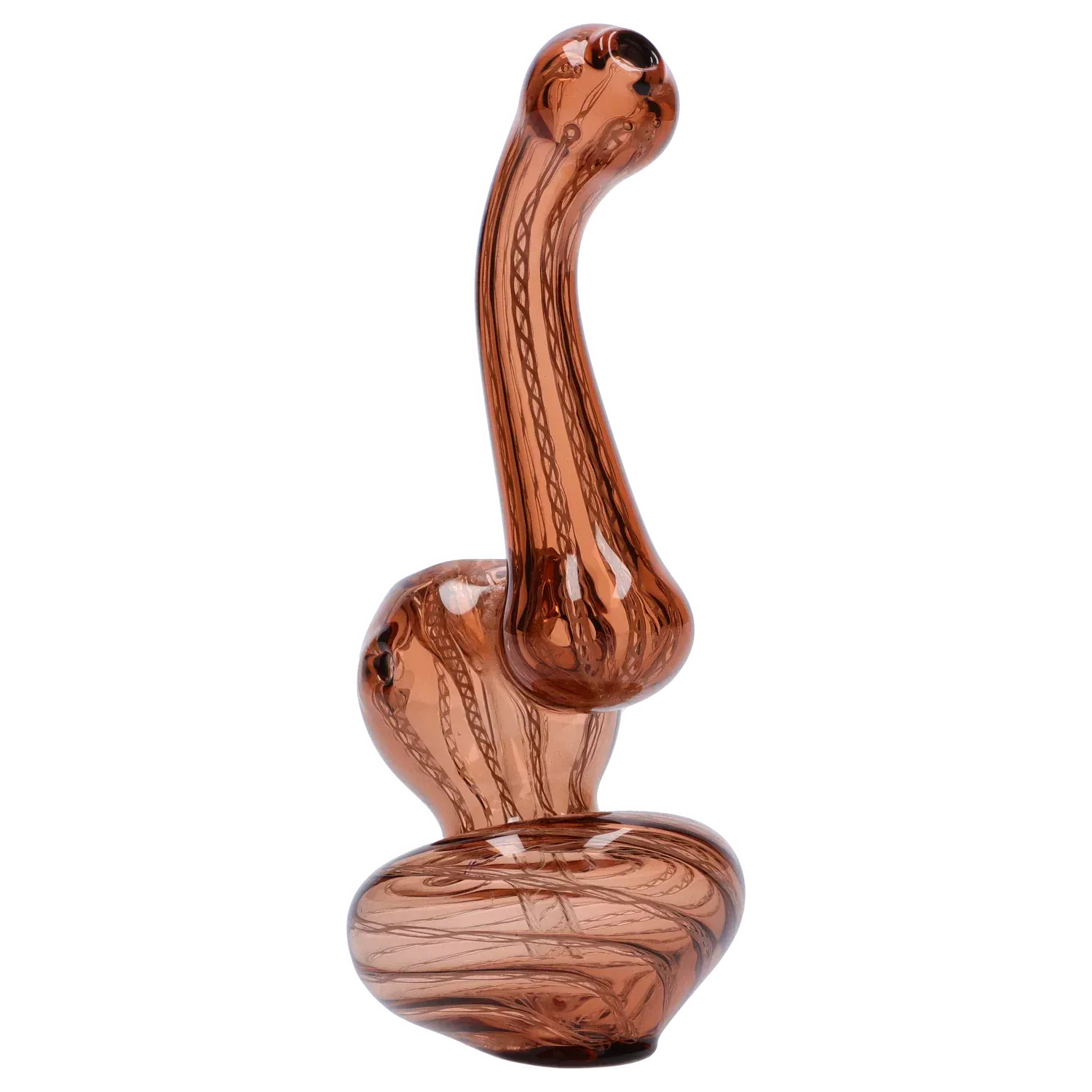 Close-up profile of the Mini Bubbler with Colored Tube showing its curved amber glass tube and bulbous base against a white background