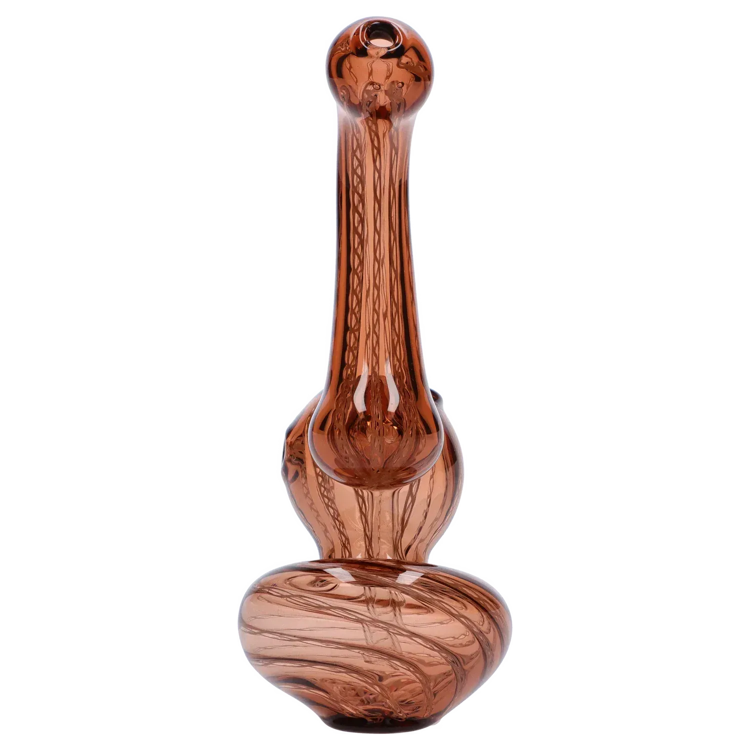 Centered front view of the Mini Bubbler with Colored Tube showing a tall amber glass neck, rounded bulbous base, and swirling internal tube patterns