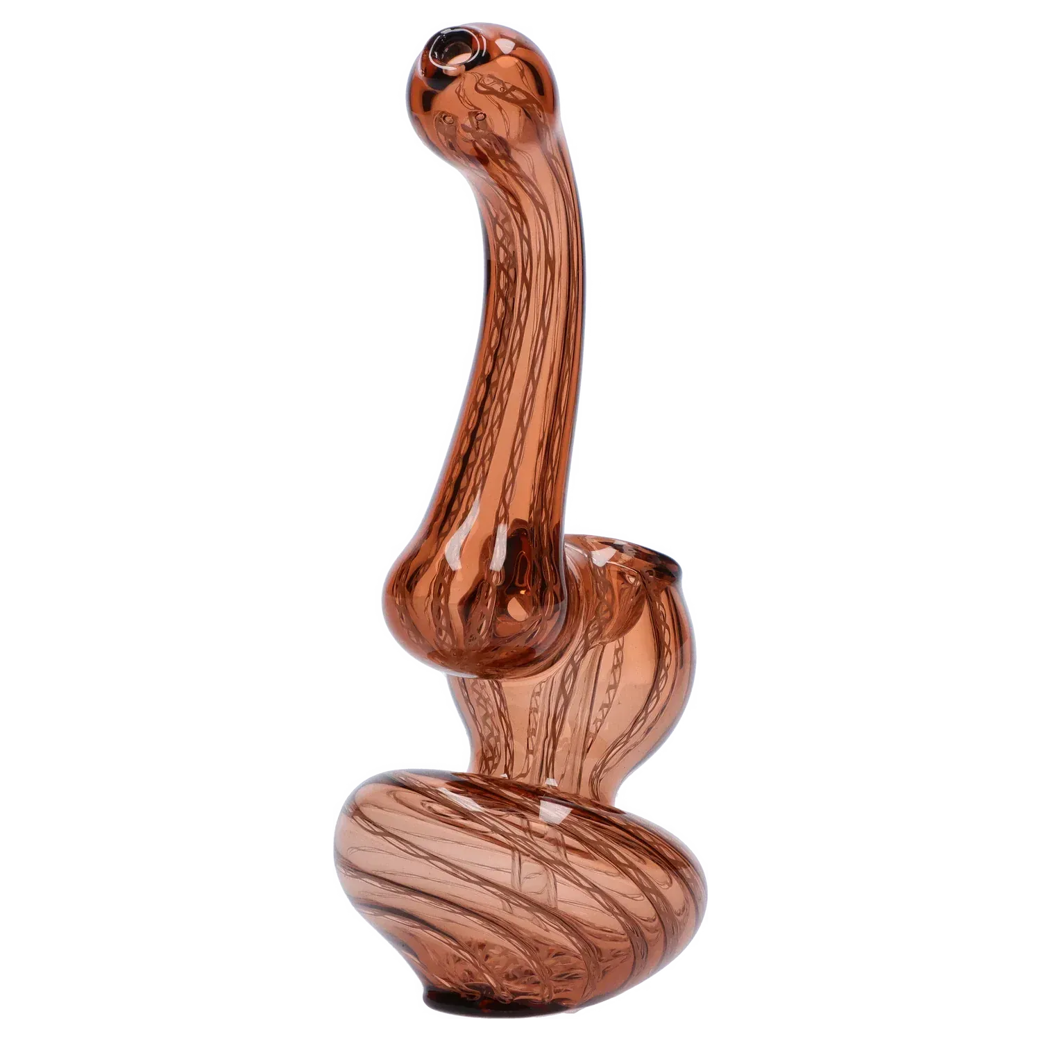 Angled studio shot of the Mini Bubbler with Colored Tube showing a twisted amber glass body and tall curved neck.