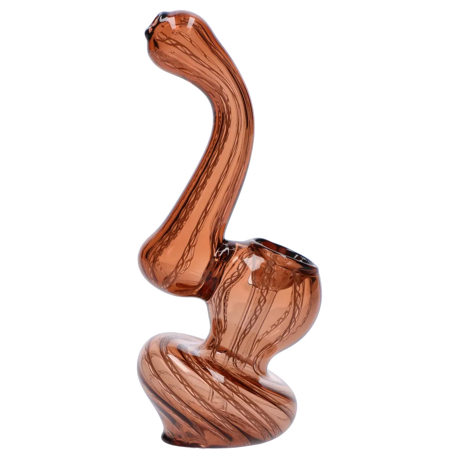 Side profile of the Mini Bubbler with Colored Tube showing its twisted amber glass tube and bulbous chamber against a pale background