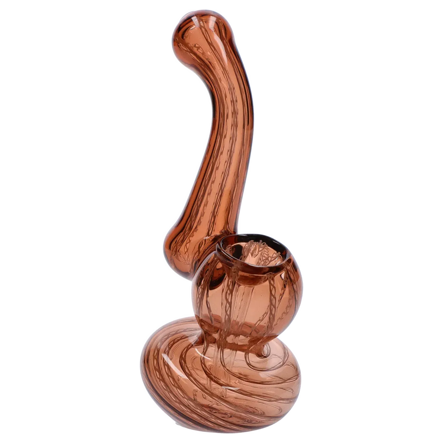 Angled close-up of a amber glass Mini Bubbler with Colored Tube showing its curved neck and rounded bowl against a white background