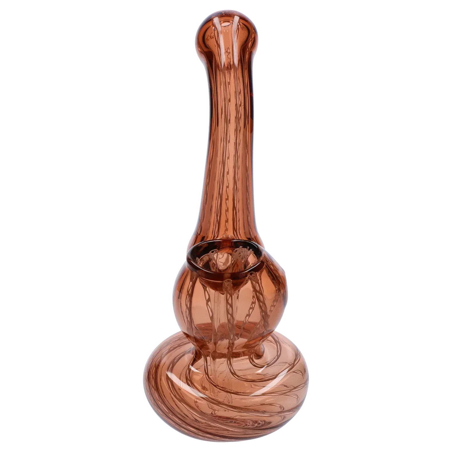 Top-down view of the Mini Bubbler with Colored Tube showing its amber glass bulb and elongated neck with swirled internal patterns.
