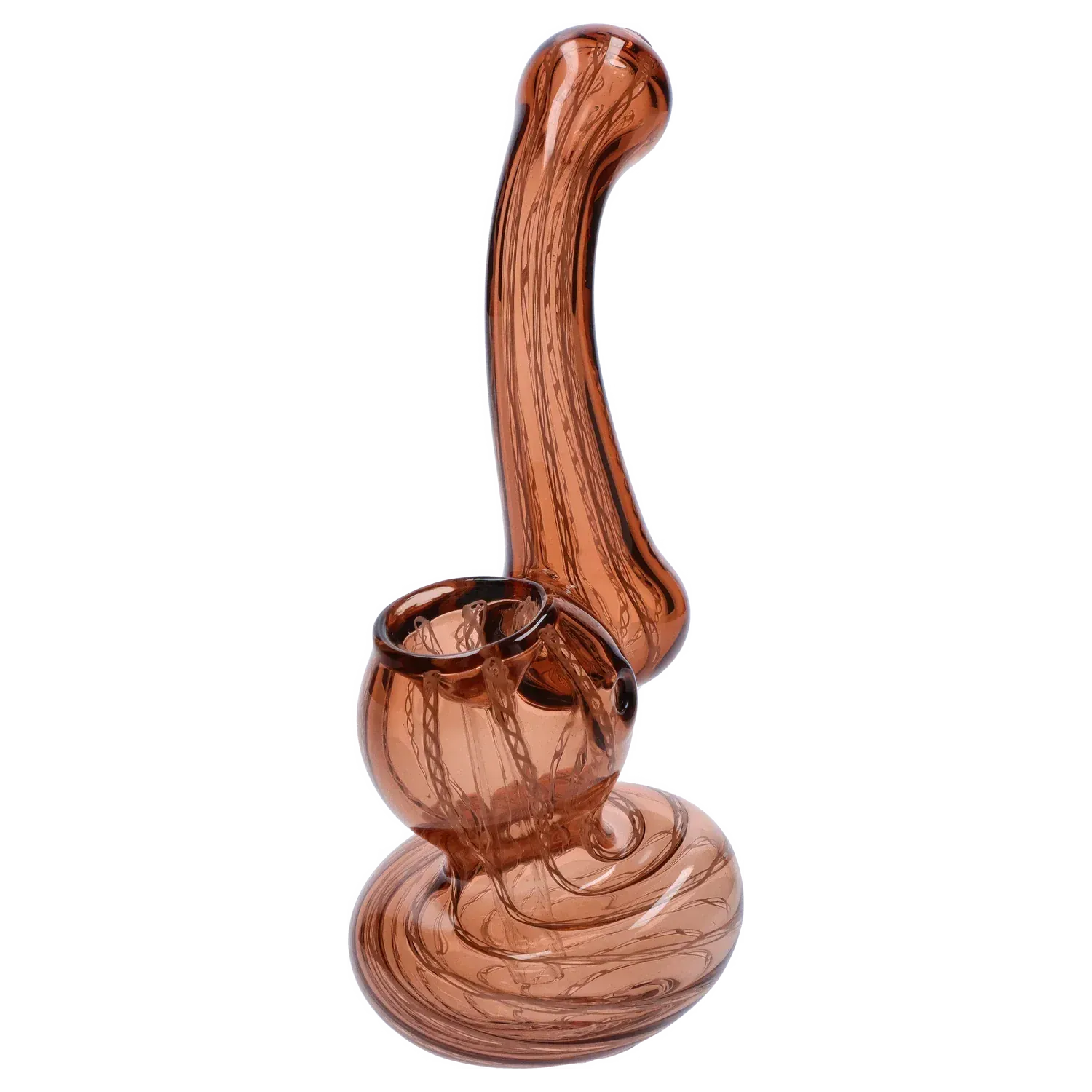 Angled close-up of a smoky amber glass Mini Bubbler with Colored Tube showing its curving neck and rounded chamber from a three-quarter perspective