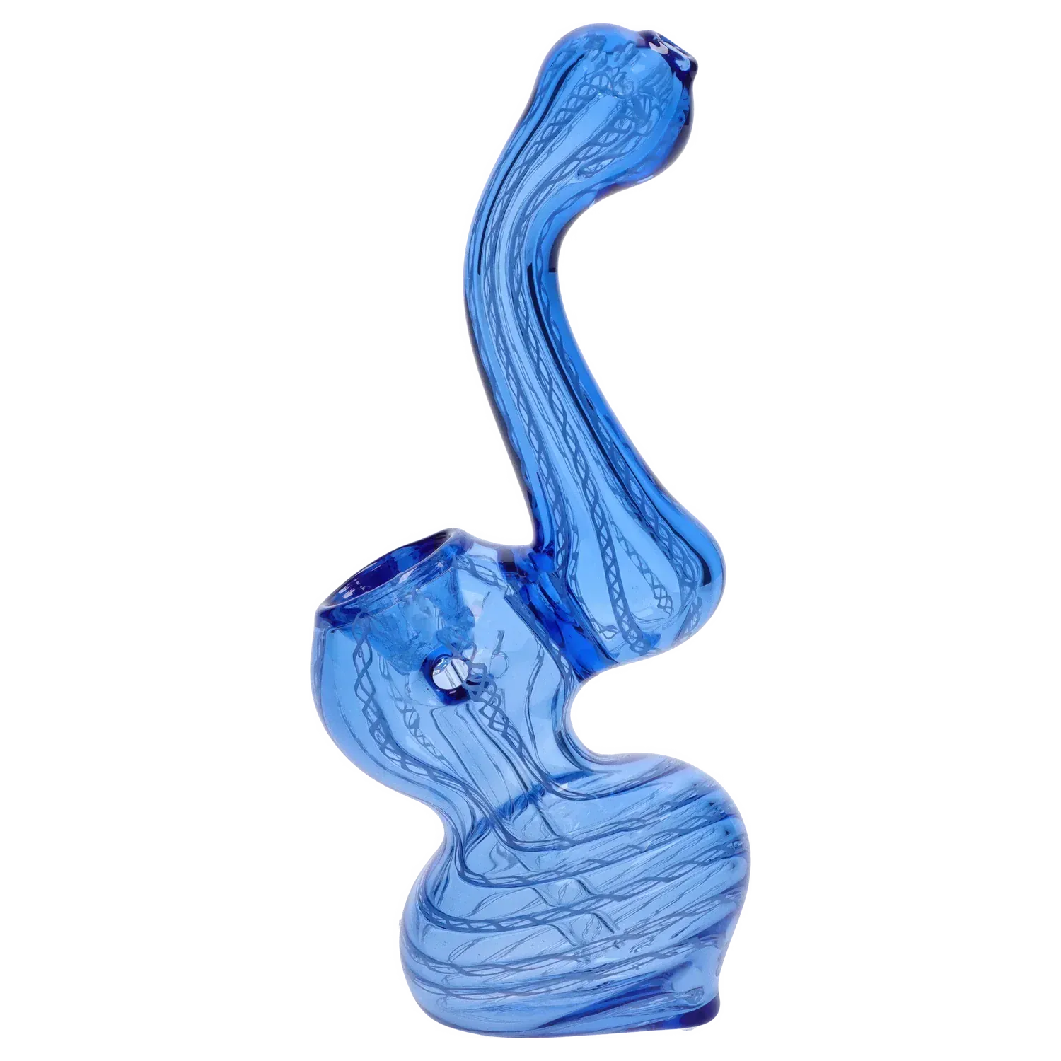 Side profile of the Mini Bubbler with Colored Tube showing its twisted blue glass form and curving neck against a white background