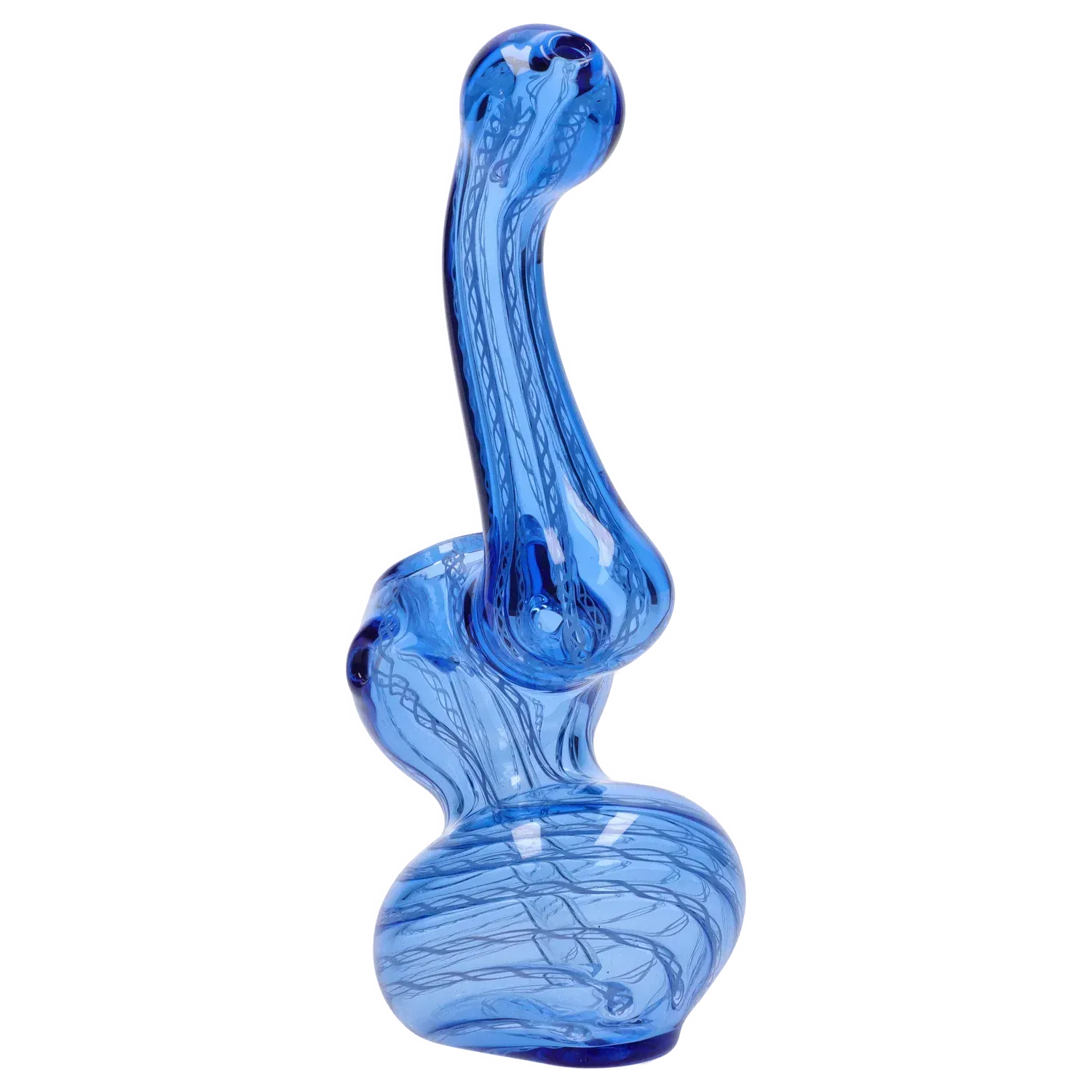 Angled close-up of the Mini Bubbler with Colored Tube showing a curved blue glass tube and bulbous base against a pale background