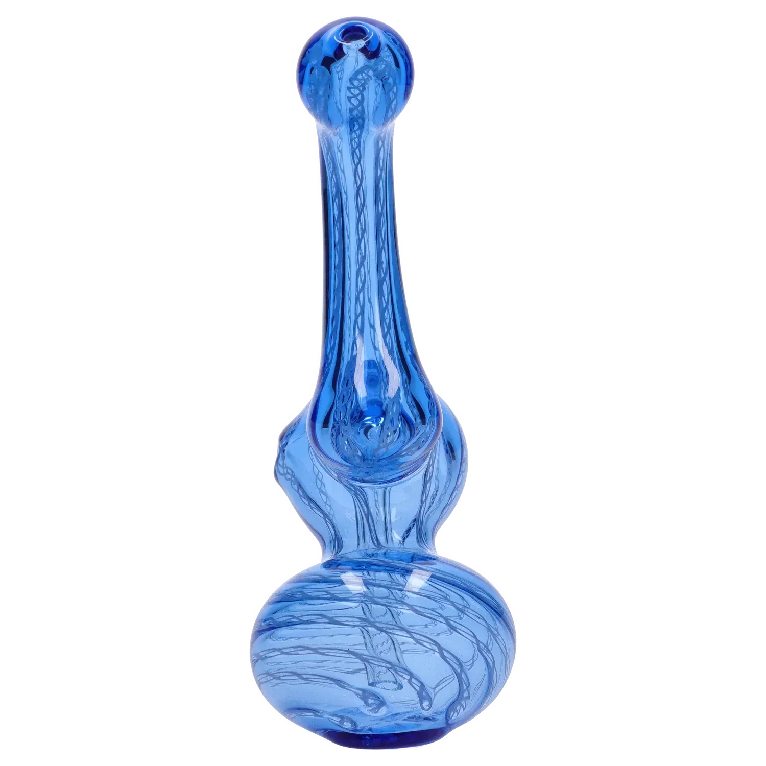 Close-up front view of the Mini Bubbler with Colored Tube showing a tall blue glass neck and rounded base with swirling internal ribbons.