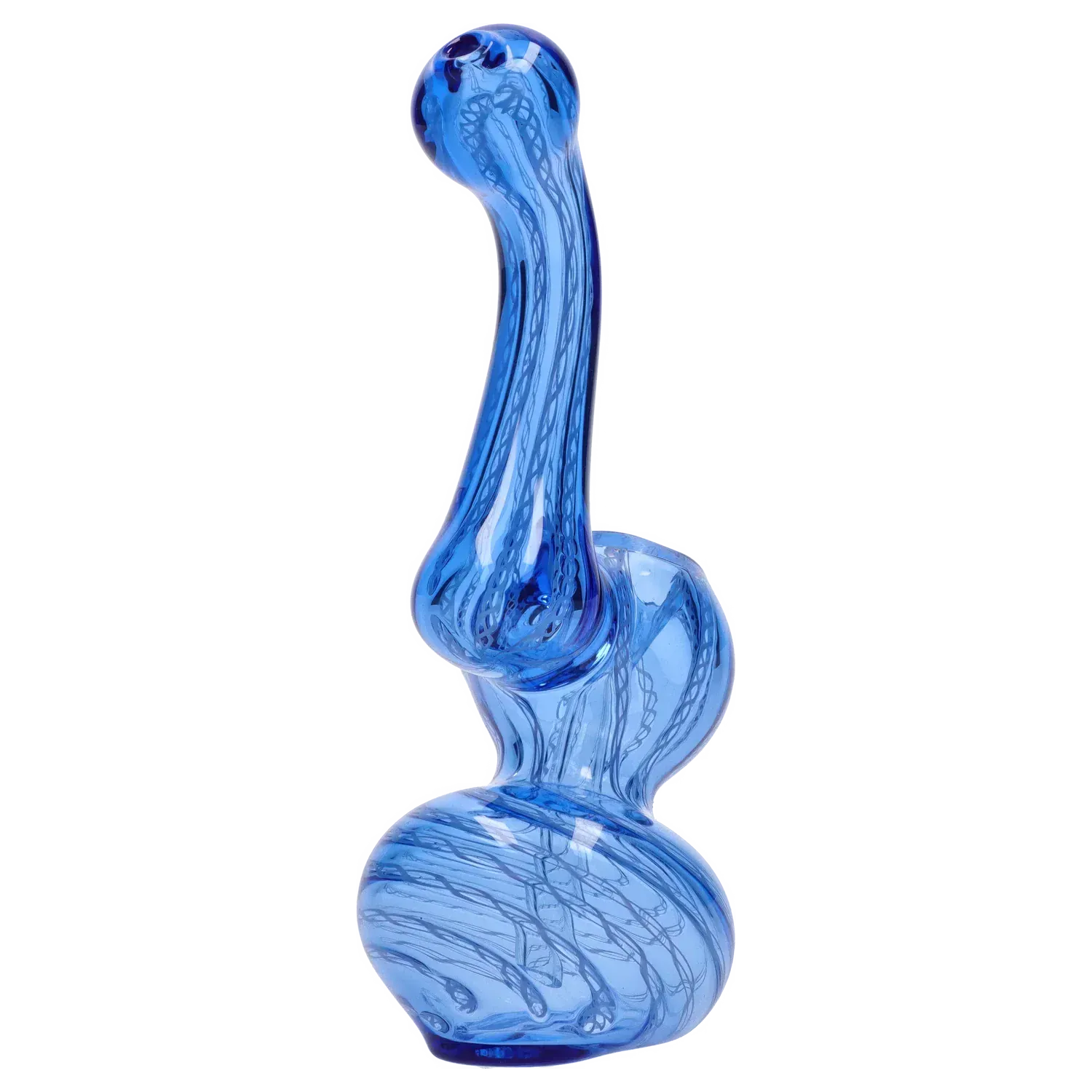 Close-up side view of the Mini Bubbler with Colored Tube showing a tall curving blue glass neck and rounded bulbous base against a white background.