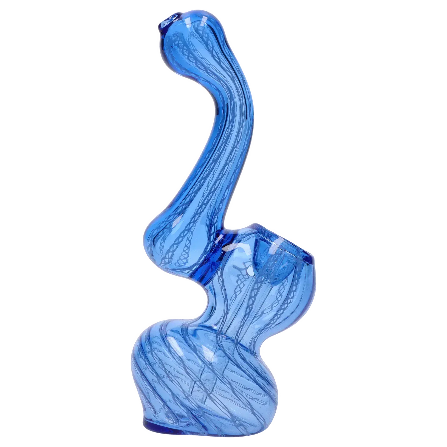 Side profile of a translucent blue Mini Bubbler with Colored Tube showing its twisted, curving glass form and internal ribbon-like patterns.