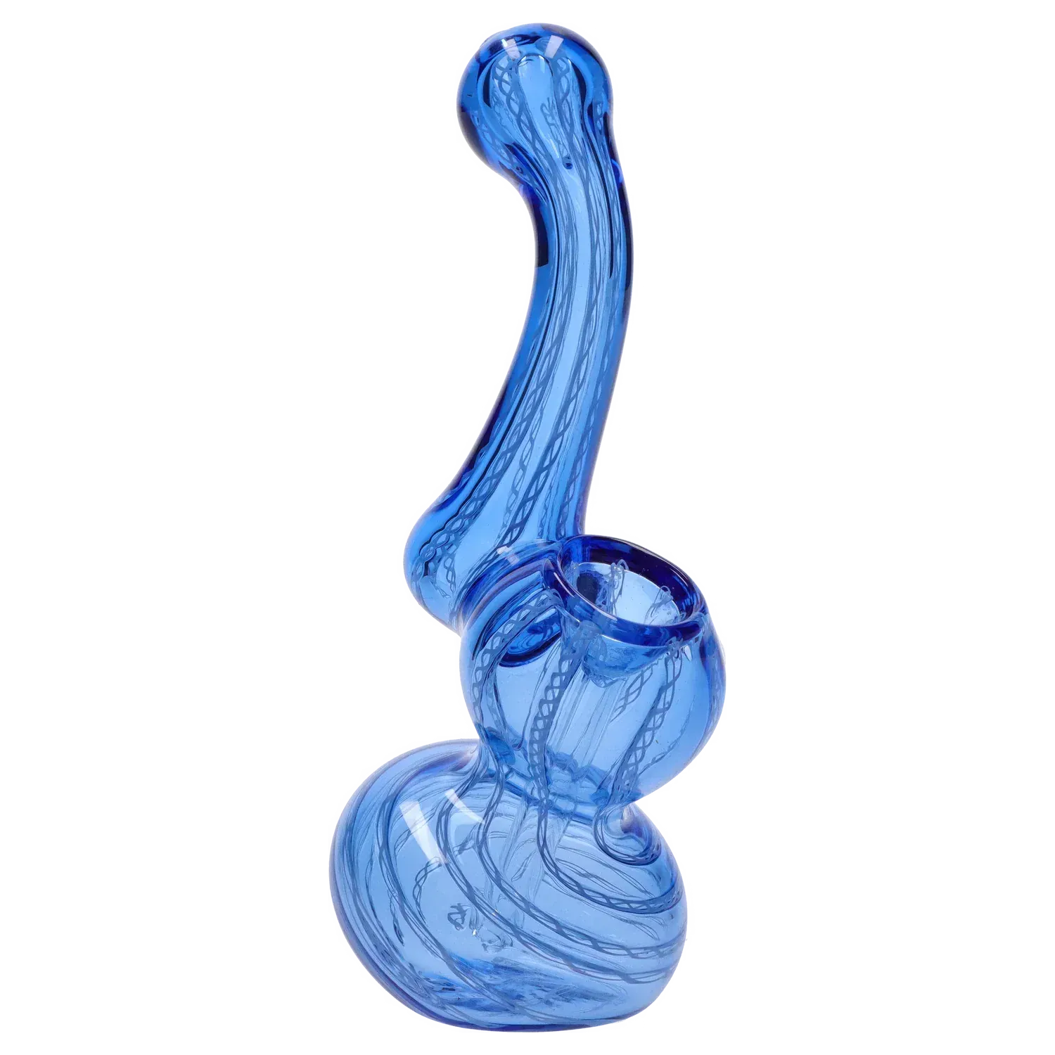 Angled close-up of a twisted blue glass Mini Bubbler with Colored Tube showing the bulbous base, curved neck, and internal swirl detailing
