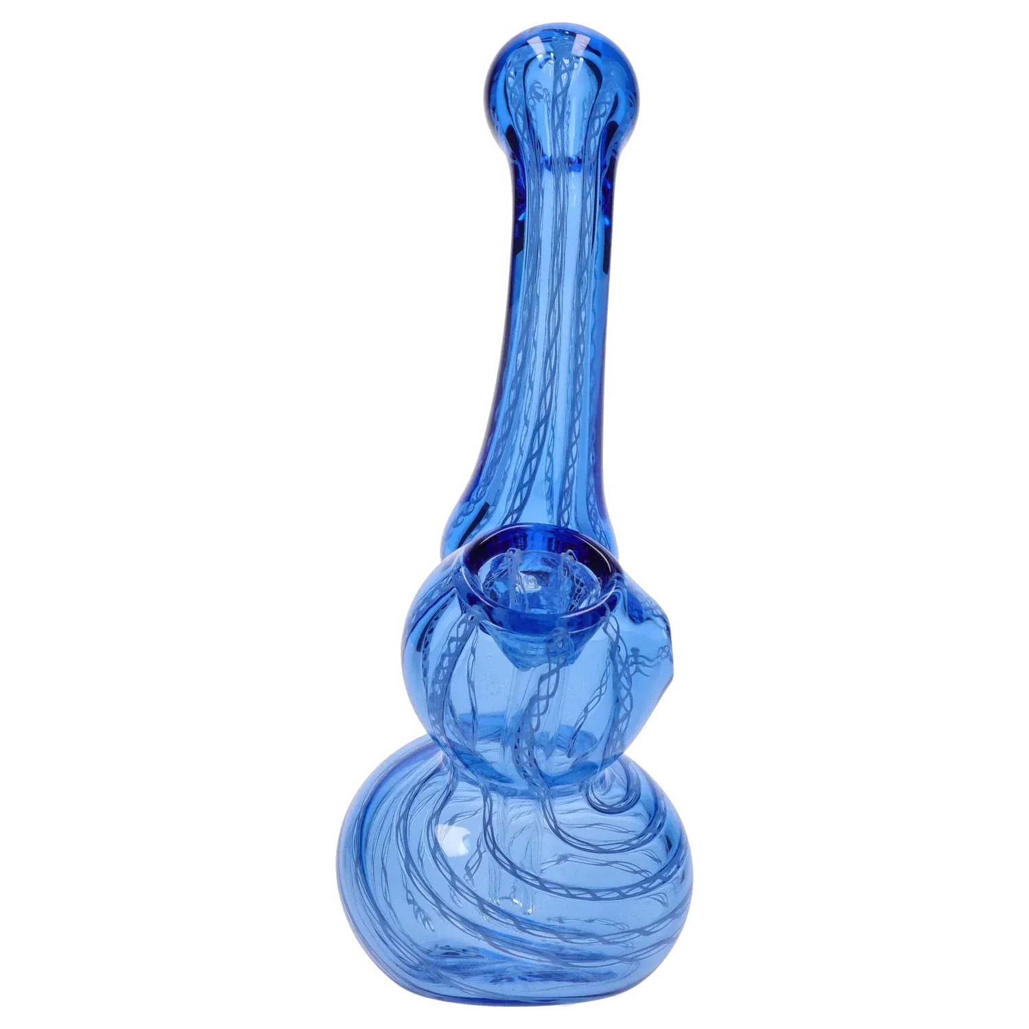 Tall, straight-on view of a translucent blue Mini Bubbler with Colored Tube showing its bulbous base and swirled internal patterns