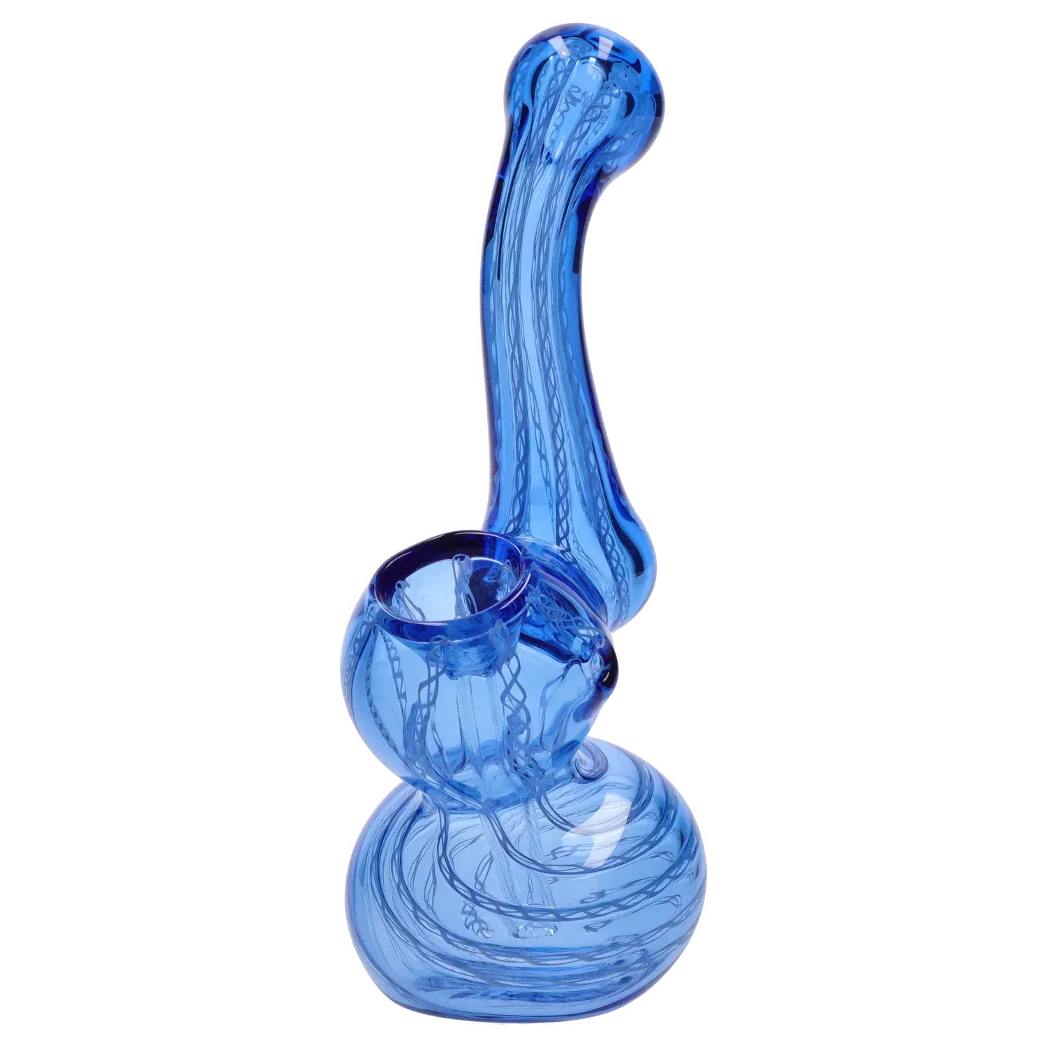 Angled close-up of a blue Mini Bubbler with Colored Tube showing its bulbous base, curved neck, and internal twisted glass ribbons.