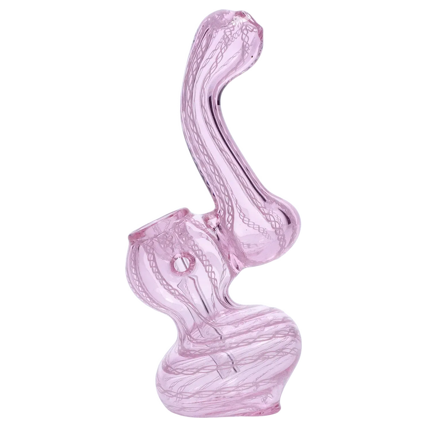 Angled studio shot of a pink Mini Bubbler with Colored Tube showing its curved neck, bulbous chamber, and internal twisted glass pattern