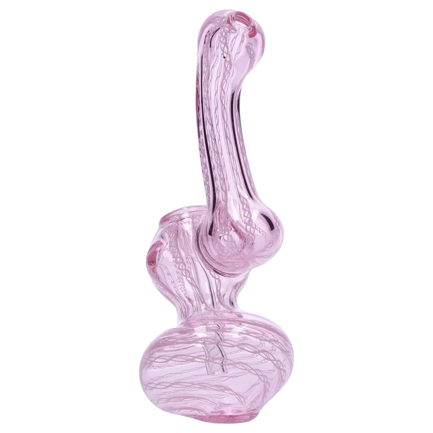 Tall side view of a translucent pink Mini Bubbler with Colored Tube showing its bulbous base, curved neck, and internal swirled glass pattern