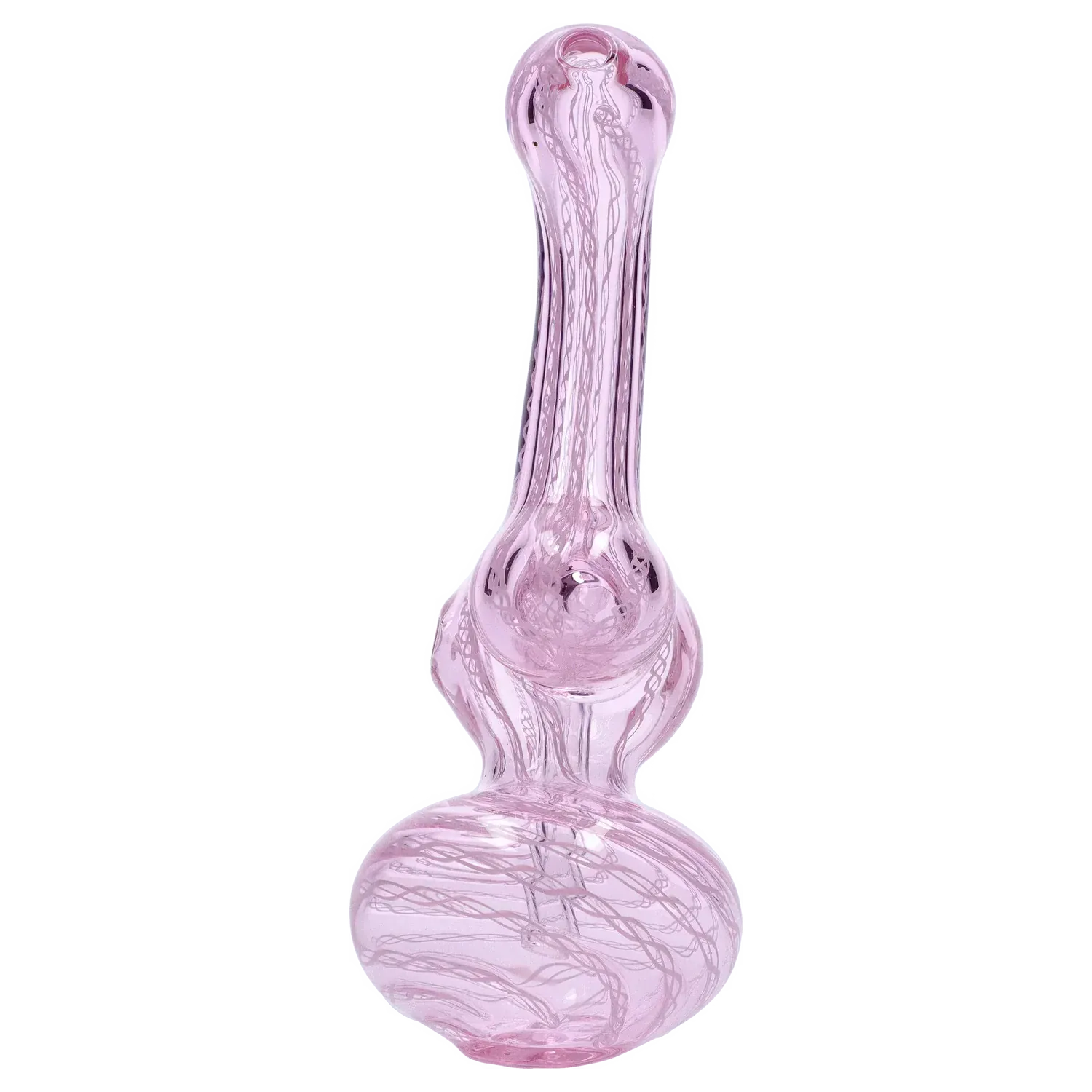 Top-down view of a translucent pink Mini Bubbler with Colored Tube showing its bulbous base and long swirled neck.
