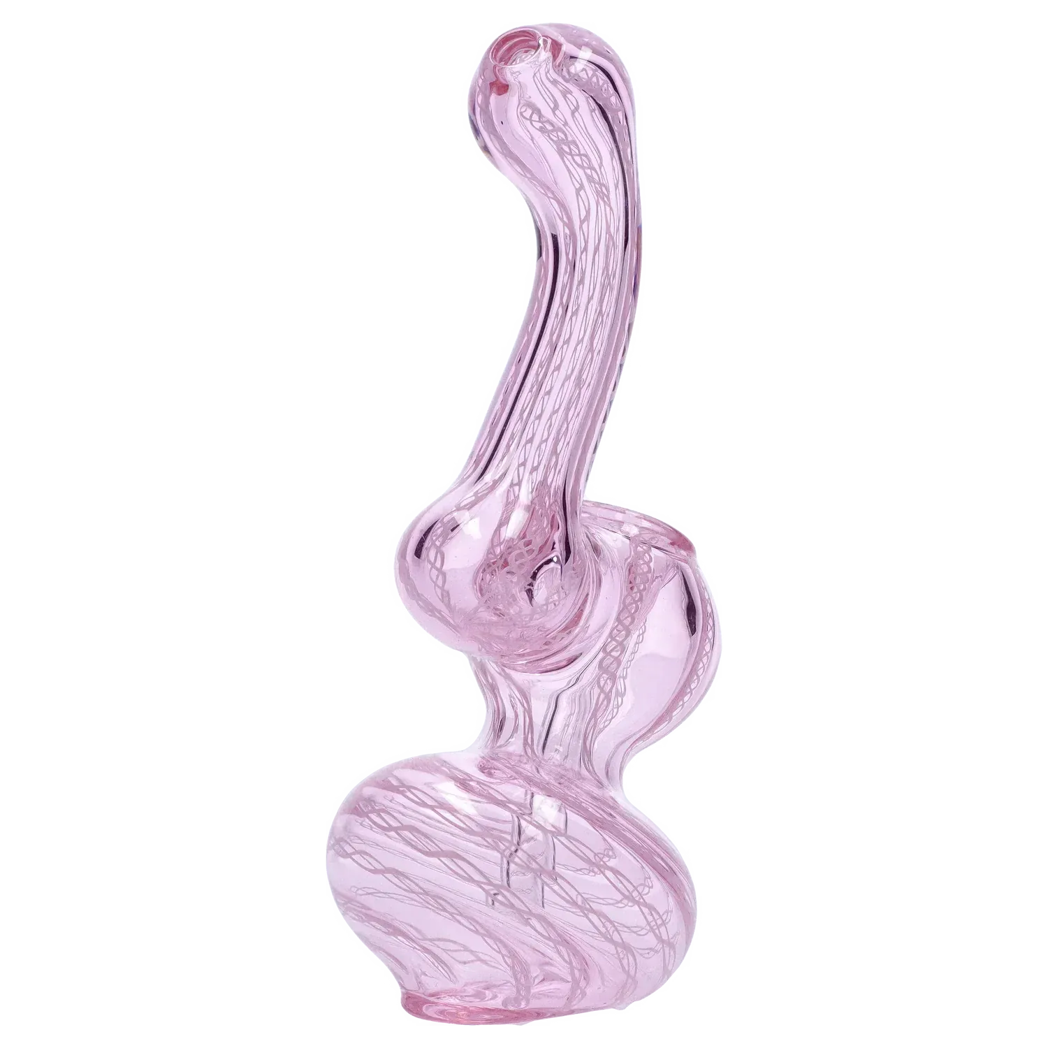 Angled side view of the Mini Bubbler with Colored Tube showing its translucent pink glass curves and internal swirling tube.