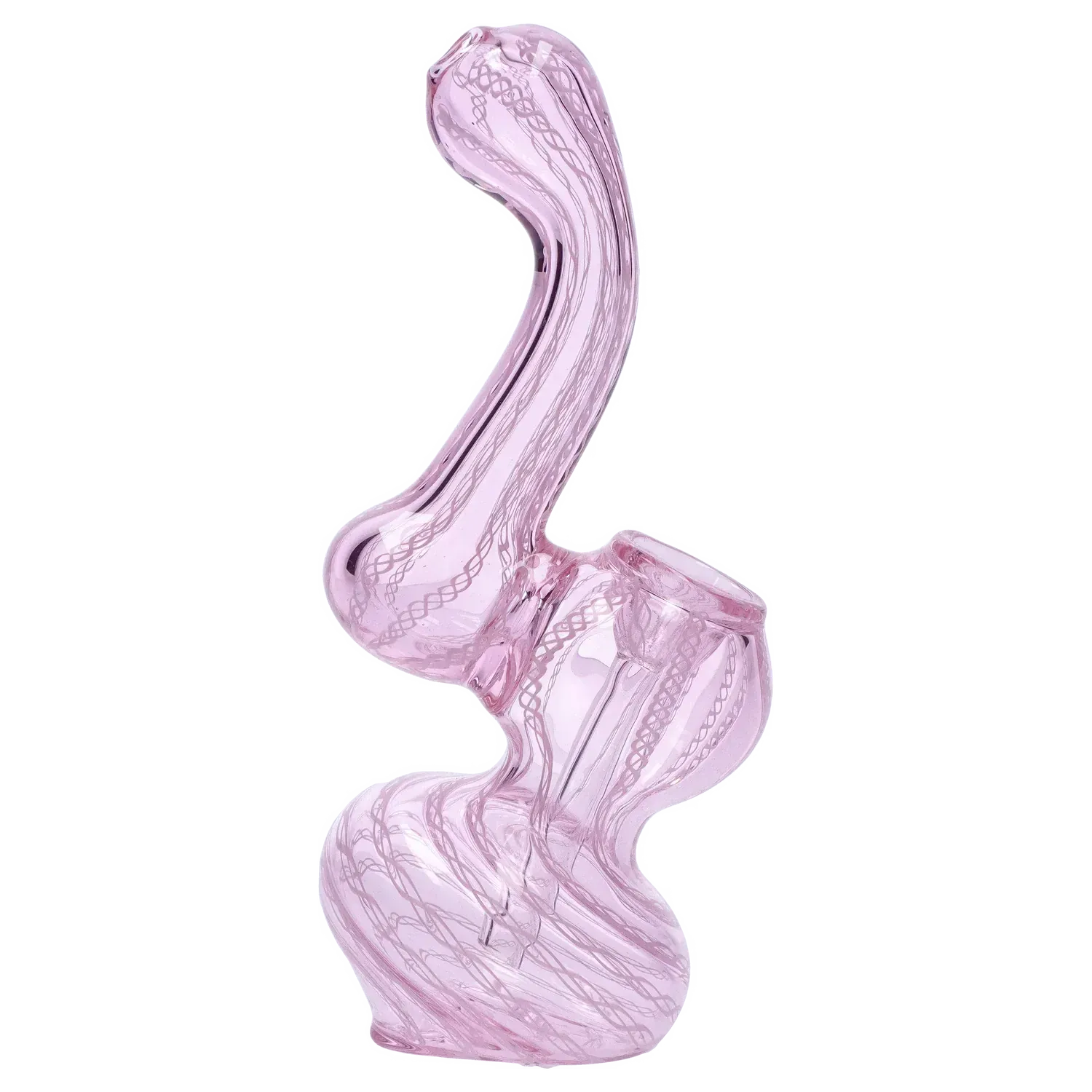 Angled side view of a translucent pink Mini Bubbler with Colored Tube showing its curved neck, bulbous base and spiraled internal tubing.