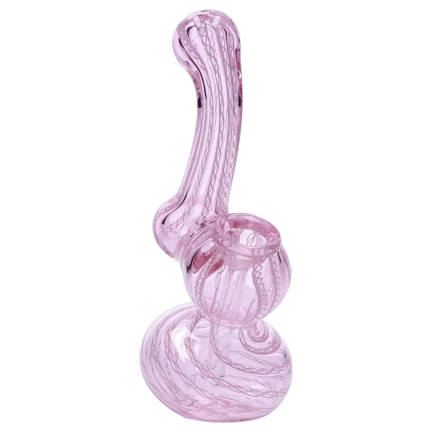 Angled studio shot of a pink glass Mini Bubbler with Colored Tube showing its curved neck, rounded base and twisted internal tube pattern.